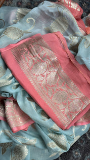 Khaddi Georgette Banarasi - Light Blue Peach