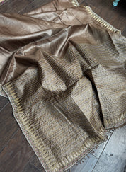 Designer Hand Zardozi Pure Tussar Silk - Brown