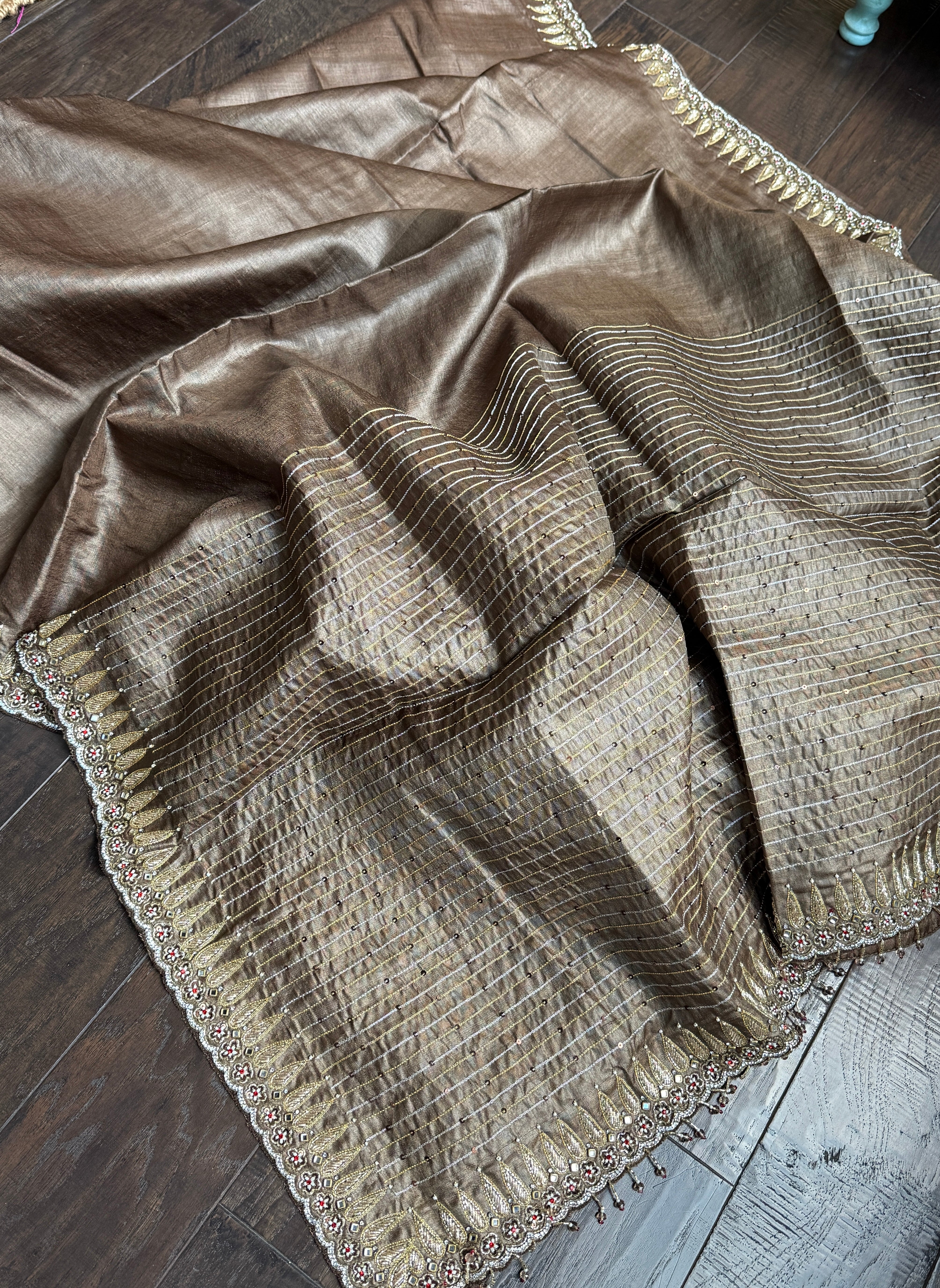 Designer Hand Zardozi Pure Tussar Silk - Brown