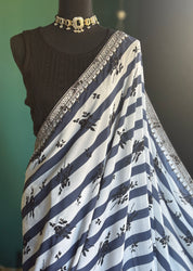 Designer Georgette- White Blue Black