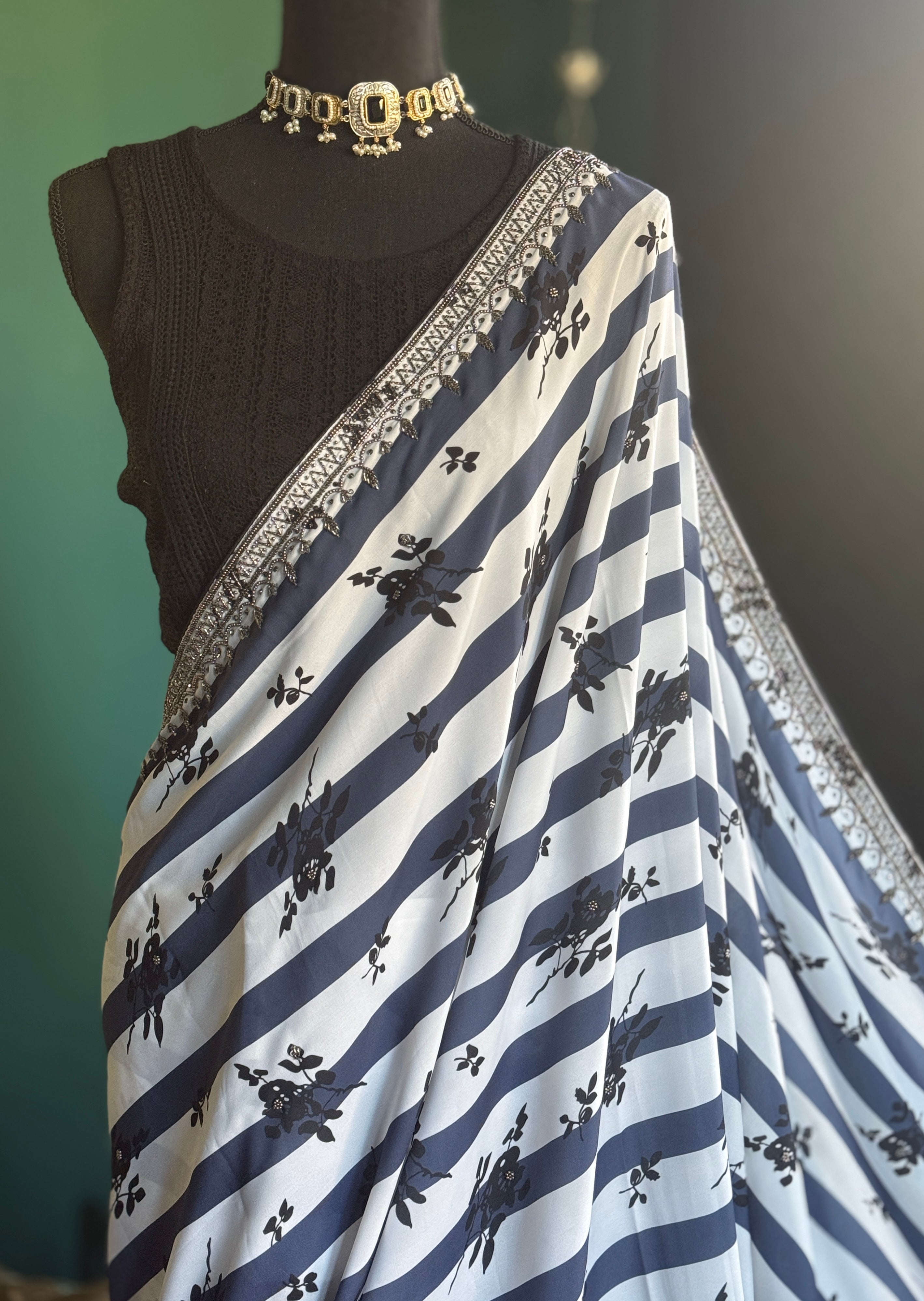 Designer Georgette- White Blue Black