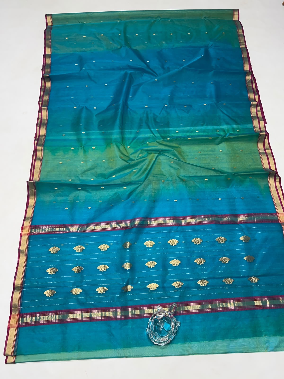 Pure Chanderi Organza Silk - Firozi and Green Shaded