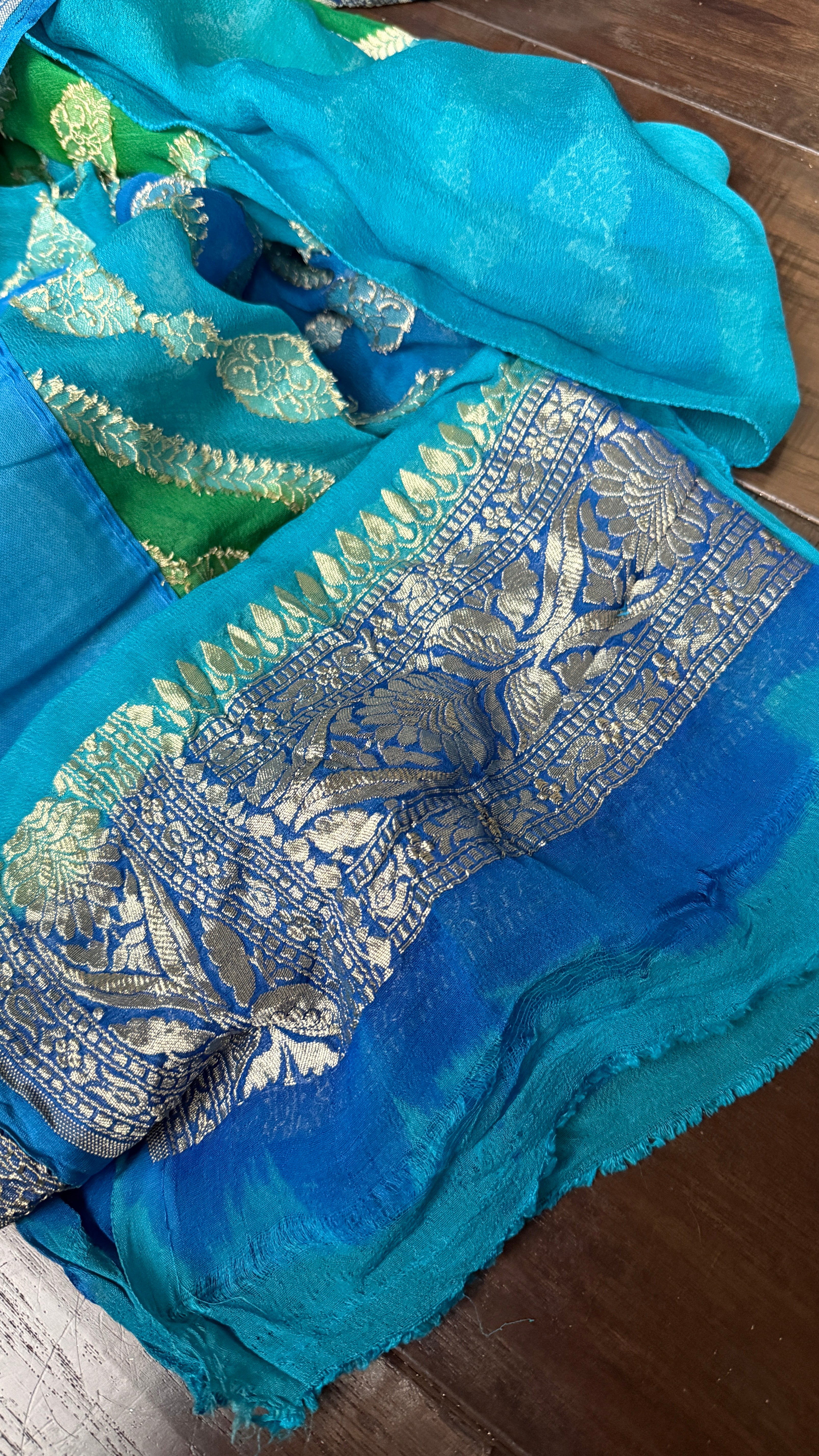 Khaddi Georgette Banarasi - Firozi Blue Green Multi color Rangkat