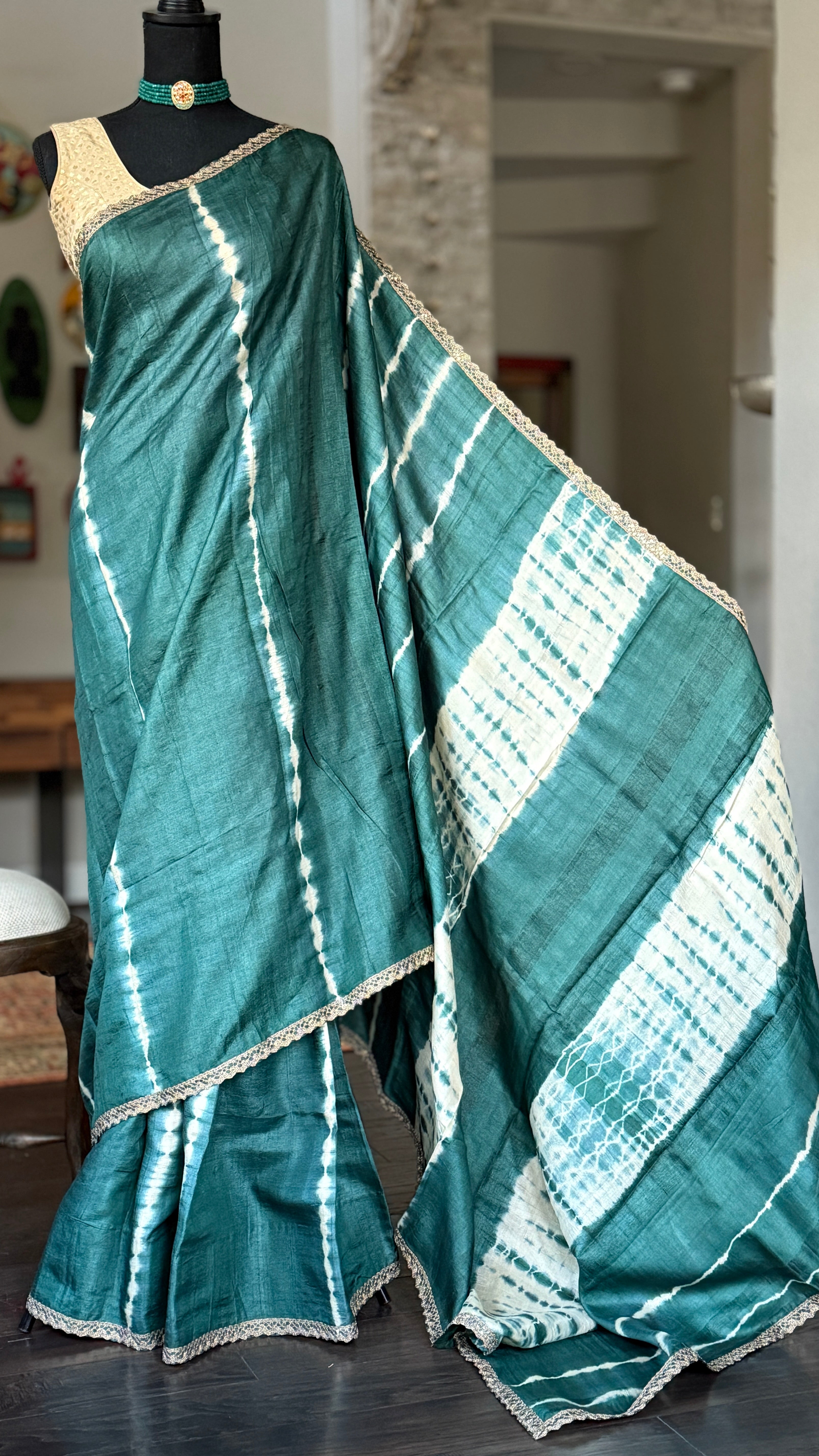 Designer Tussar Silk Shibori - Teal Green