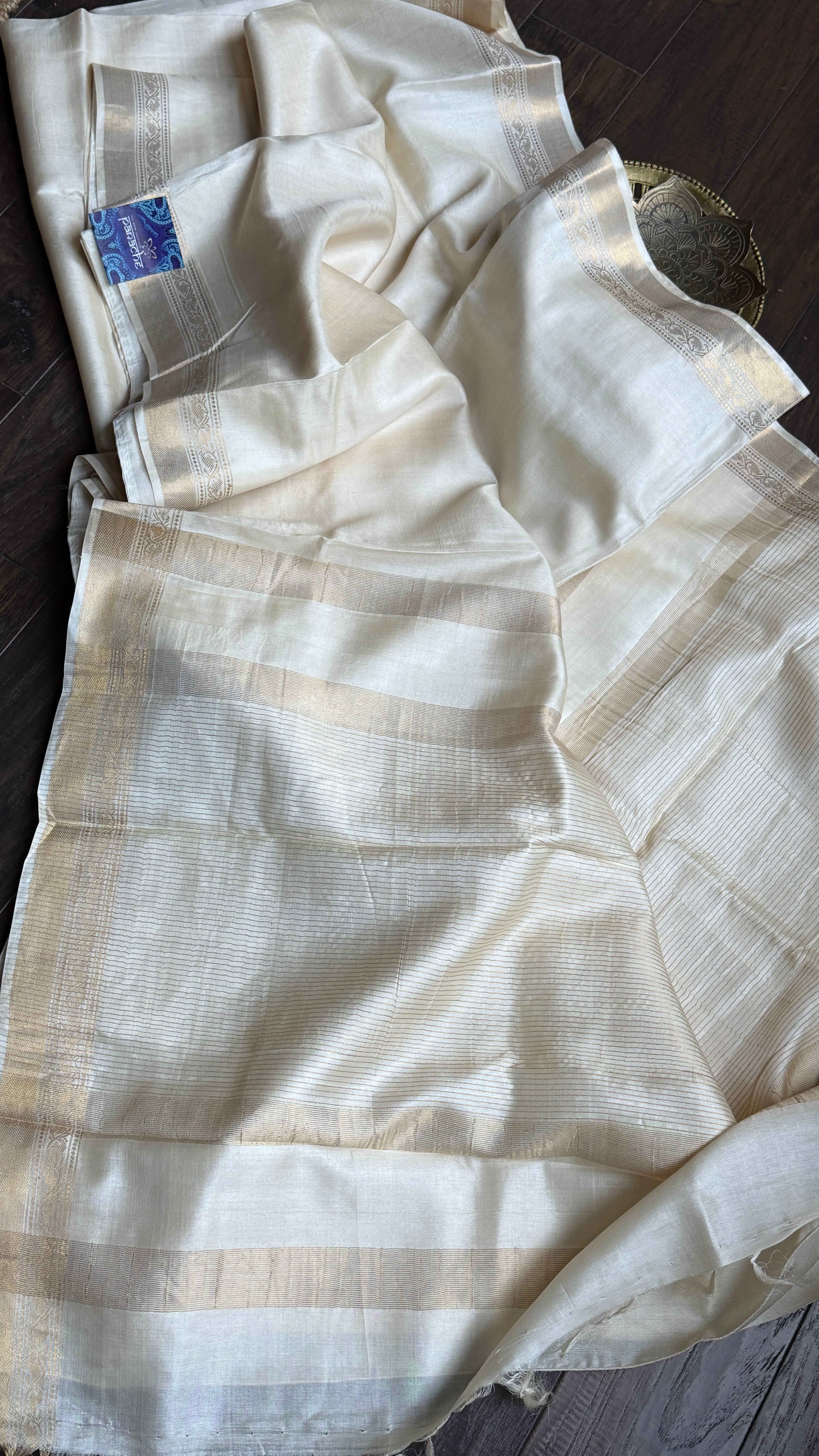 Pure Tussar Silk - Cream Beige Golden Zari Woven2