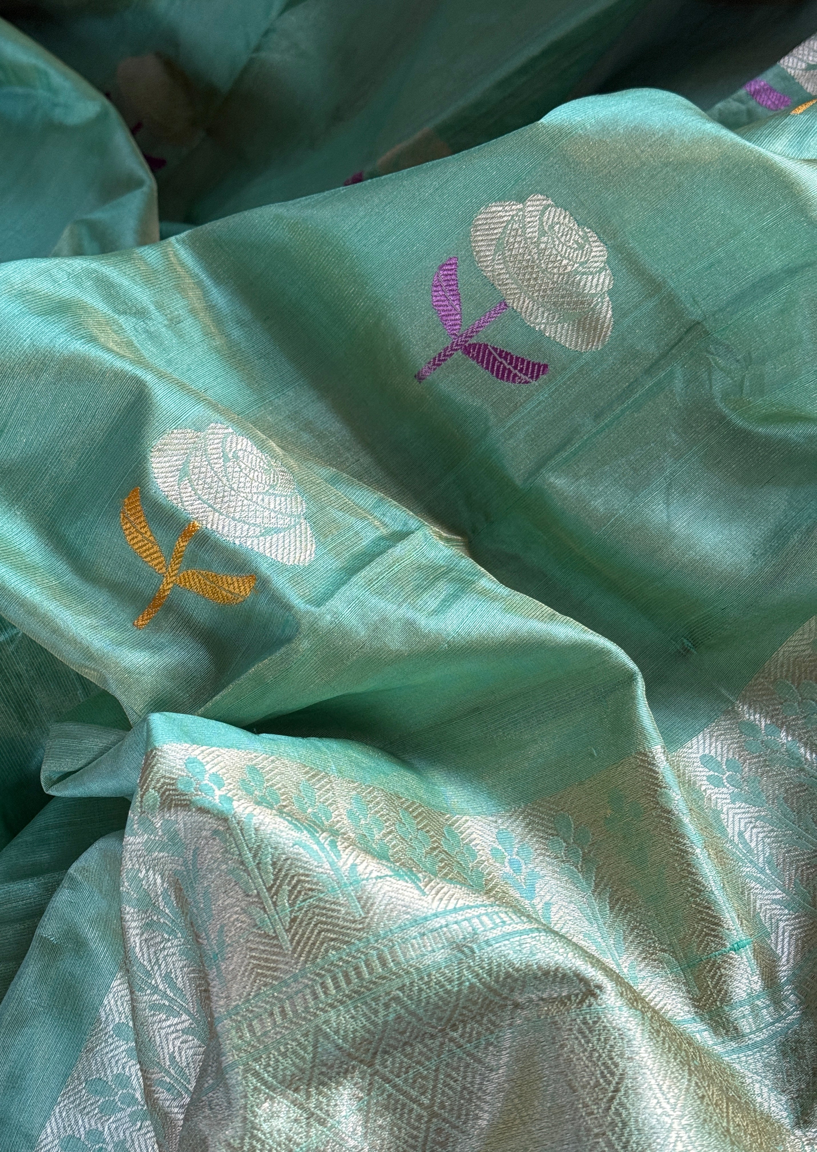 Tussar Tissue Silk Banarasi - Light Green Dual Shaded Antique Zari
