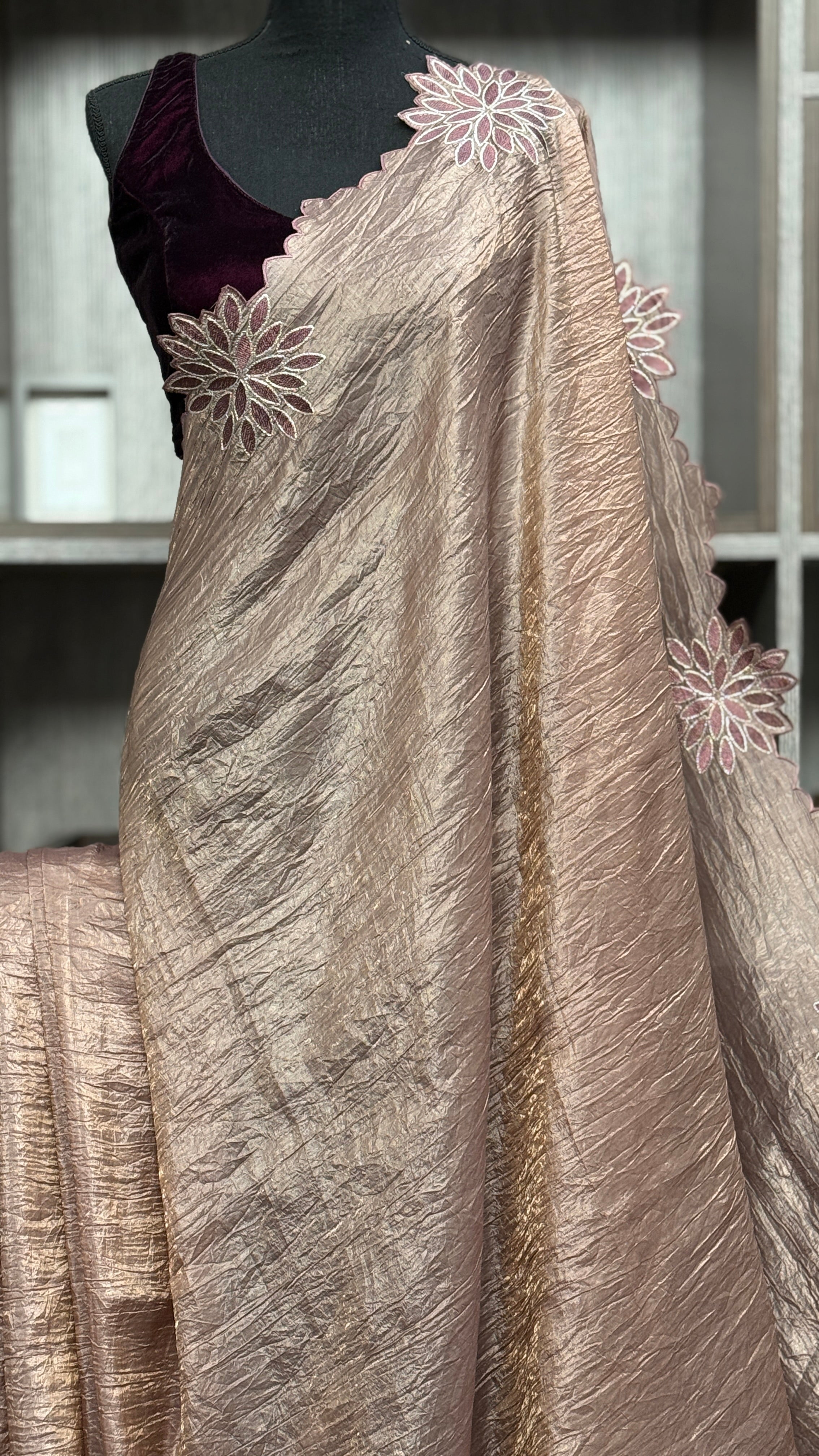 Designer Crushed Tissue Silk - Bronze Brown Appliqué Embroidered