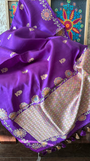 Pure Katan Silk Banarasi - Purple Hand Brush painted