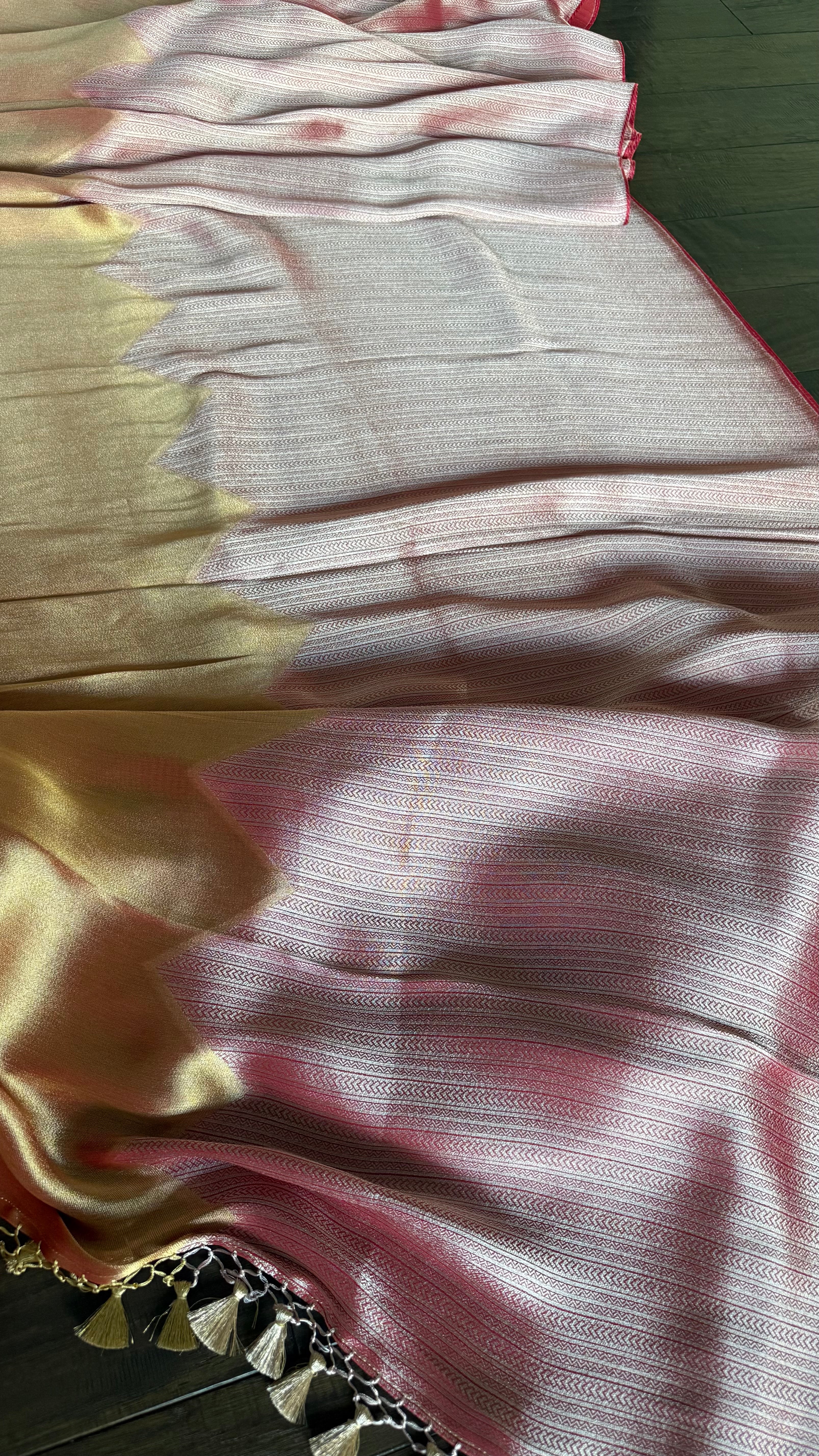 Designer Soft Silk Brocade Banarasi - Peach Pink Golden