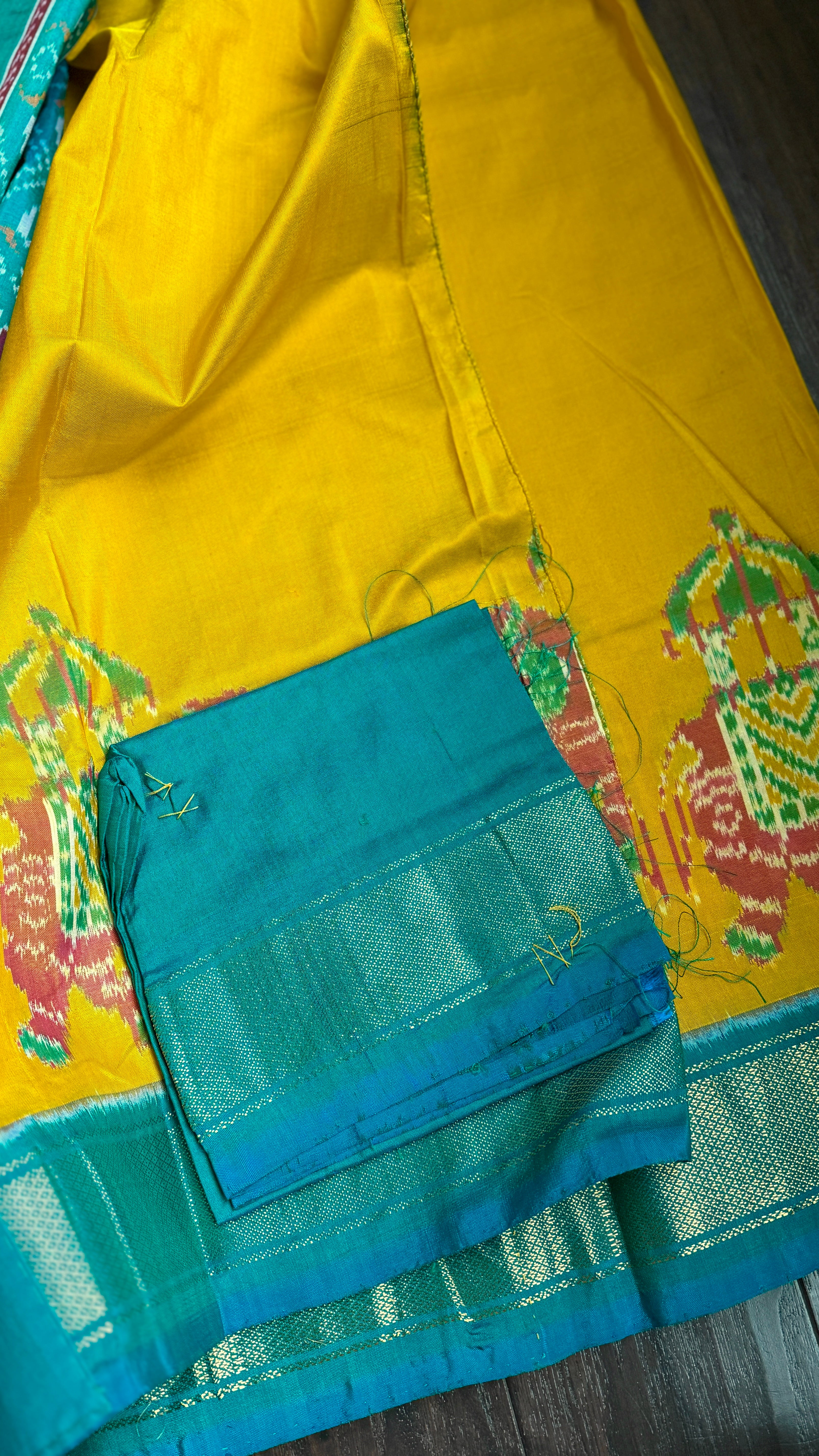 Pure Silk Ikat - Yellow Firozi Pochampally