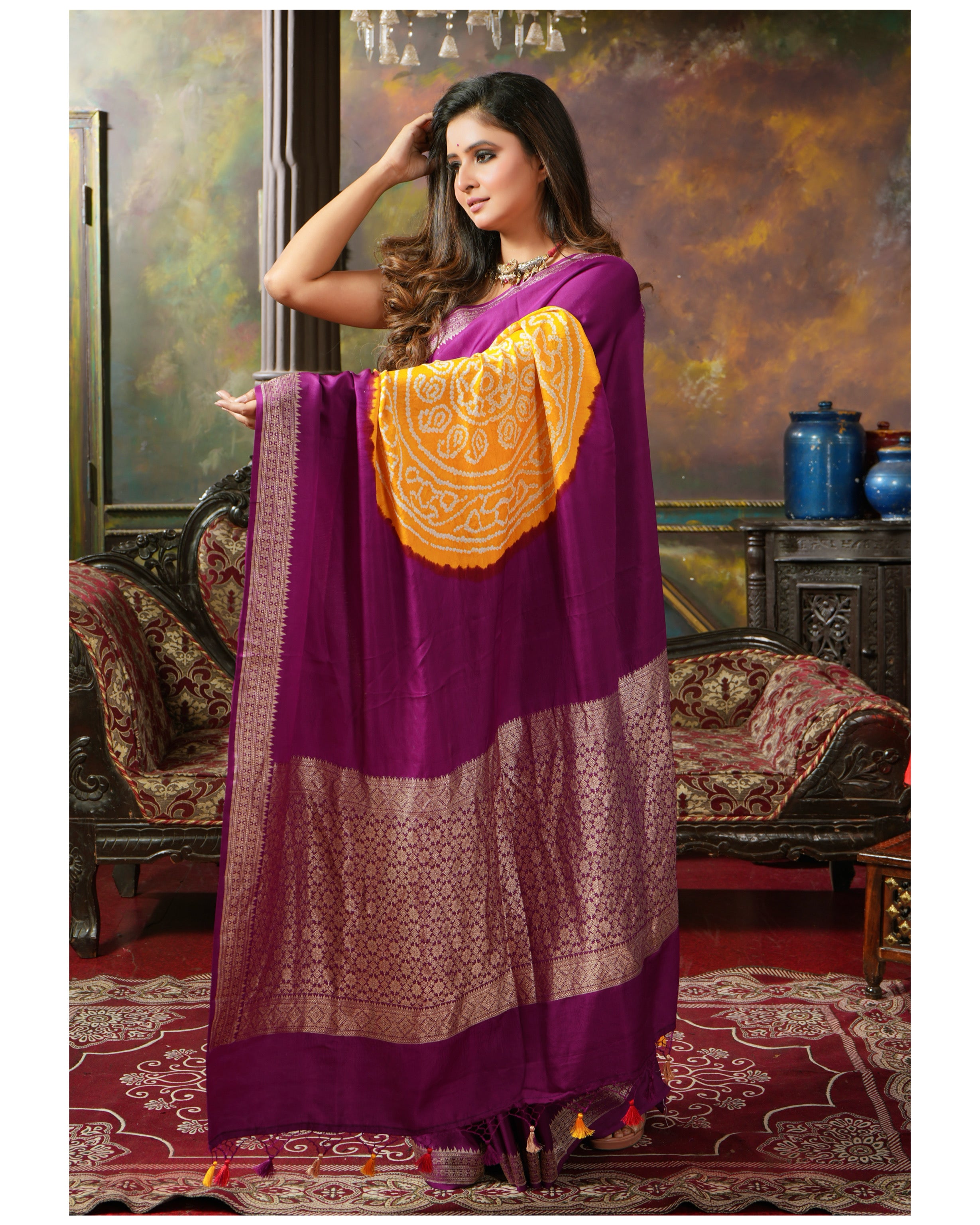 Pure Silk Mashru Bandhej Banarasi- Purple Multi color