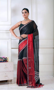Pure Chanderi Cotton Tissue Silk - Black Red Hand Zardozi