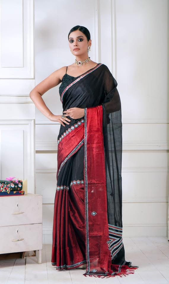 Pure Chanderi Cotton Tissue Silk - Black Red Hand Zardozi