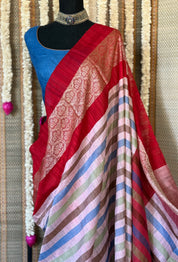 Pure Matka Tussar Silk - Light Pink Red Striped