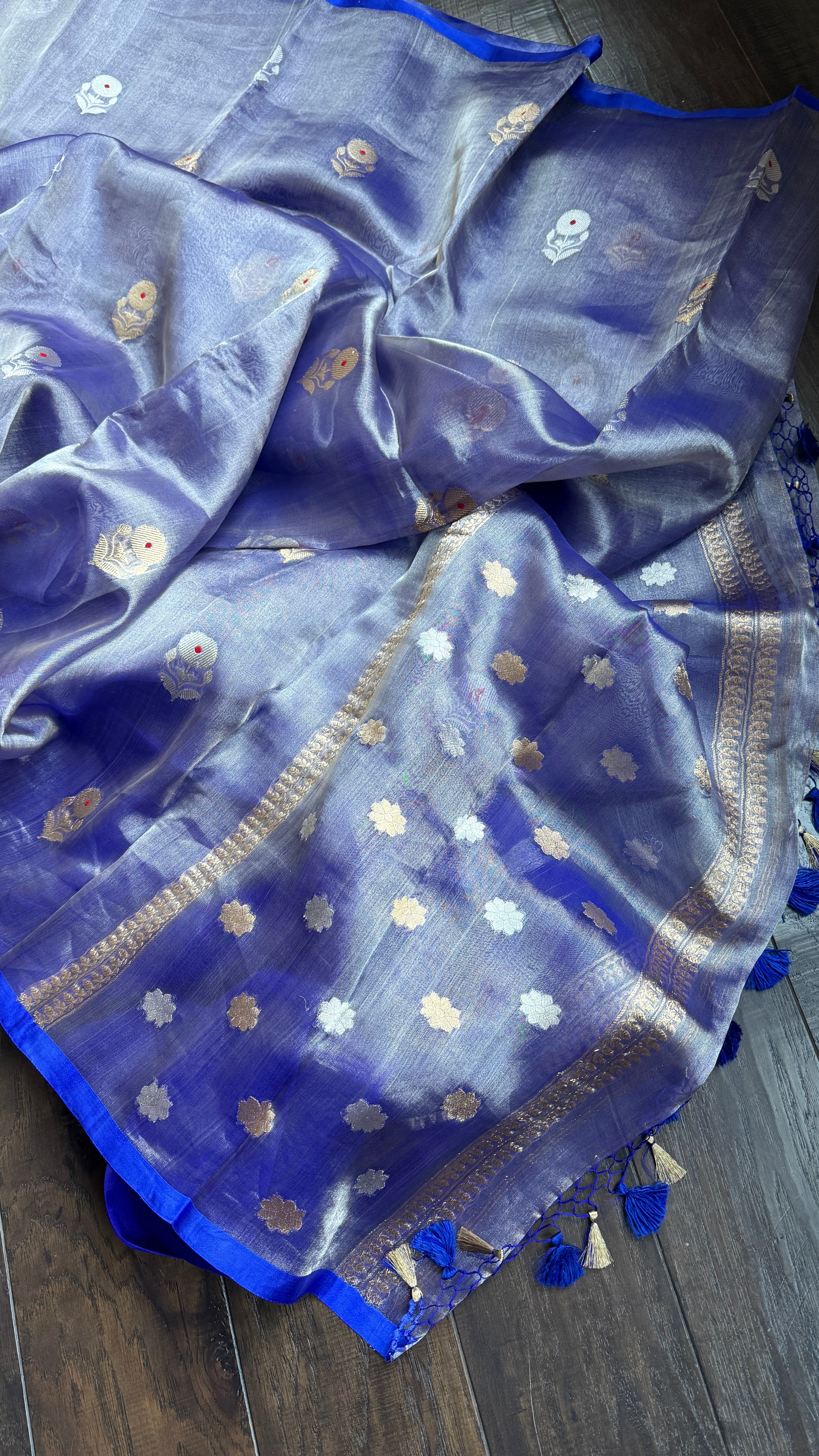 Tissue Organza Silk Banarasi - Blue Metallic Meenakari