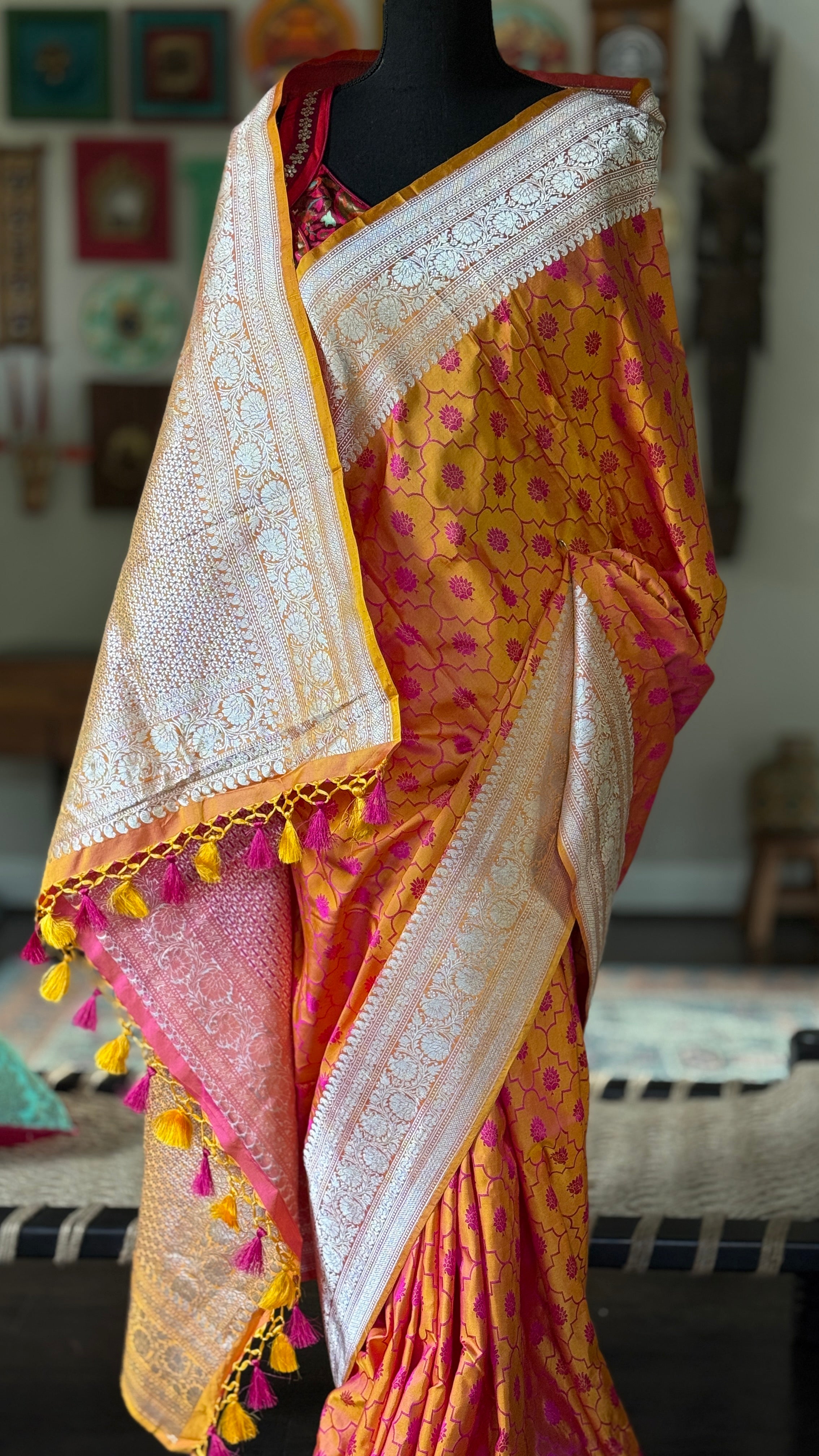 Pure Silk Mashru Silk Banarasi- Mustard Yellow Pink