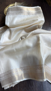 Pure Tussar Silk - Cream Beige Golden Zari Woven2