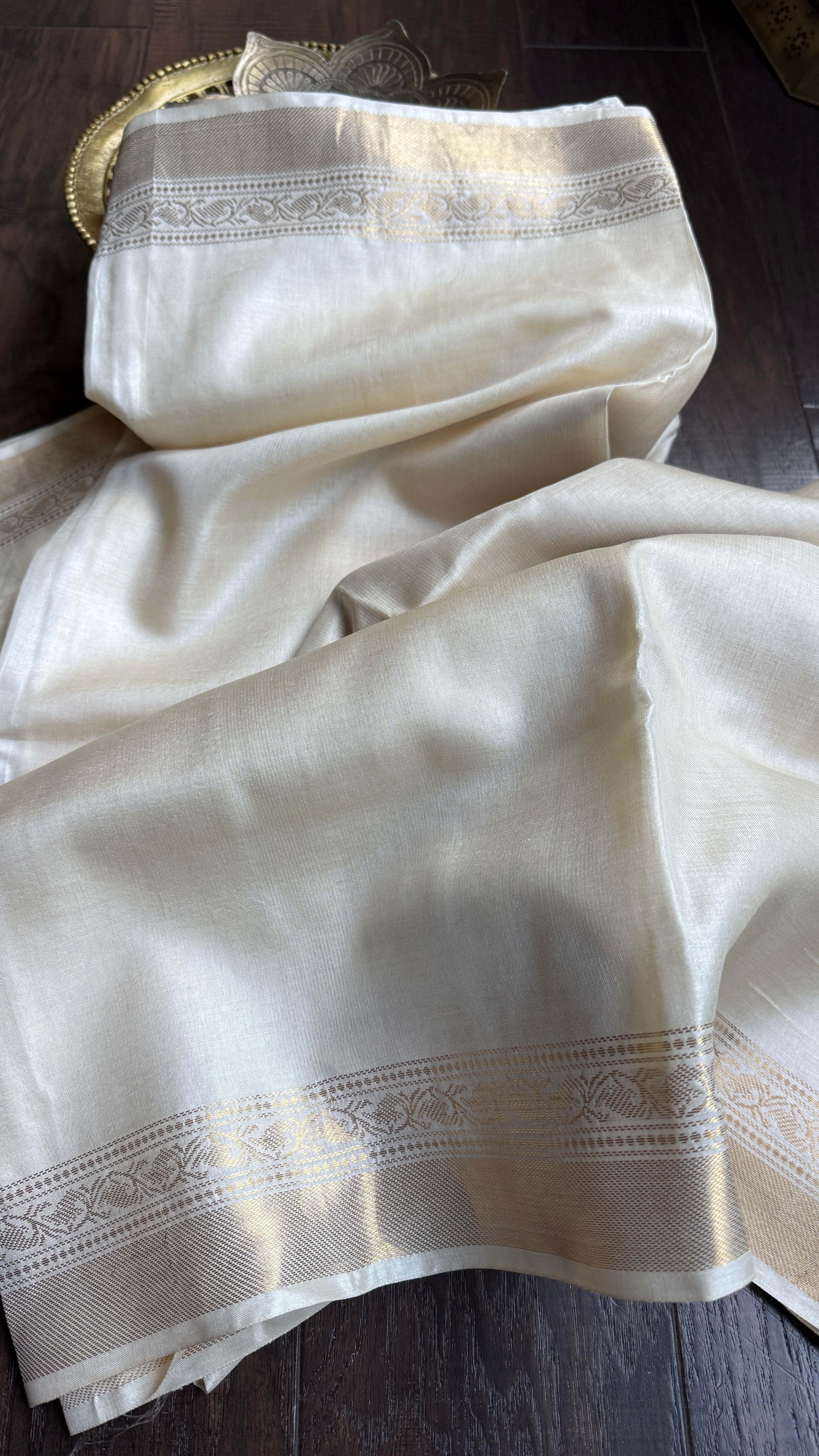 Pure Tussar Silk - Cream Beige Golden Zari Woven2