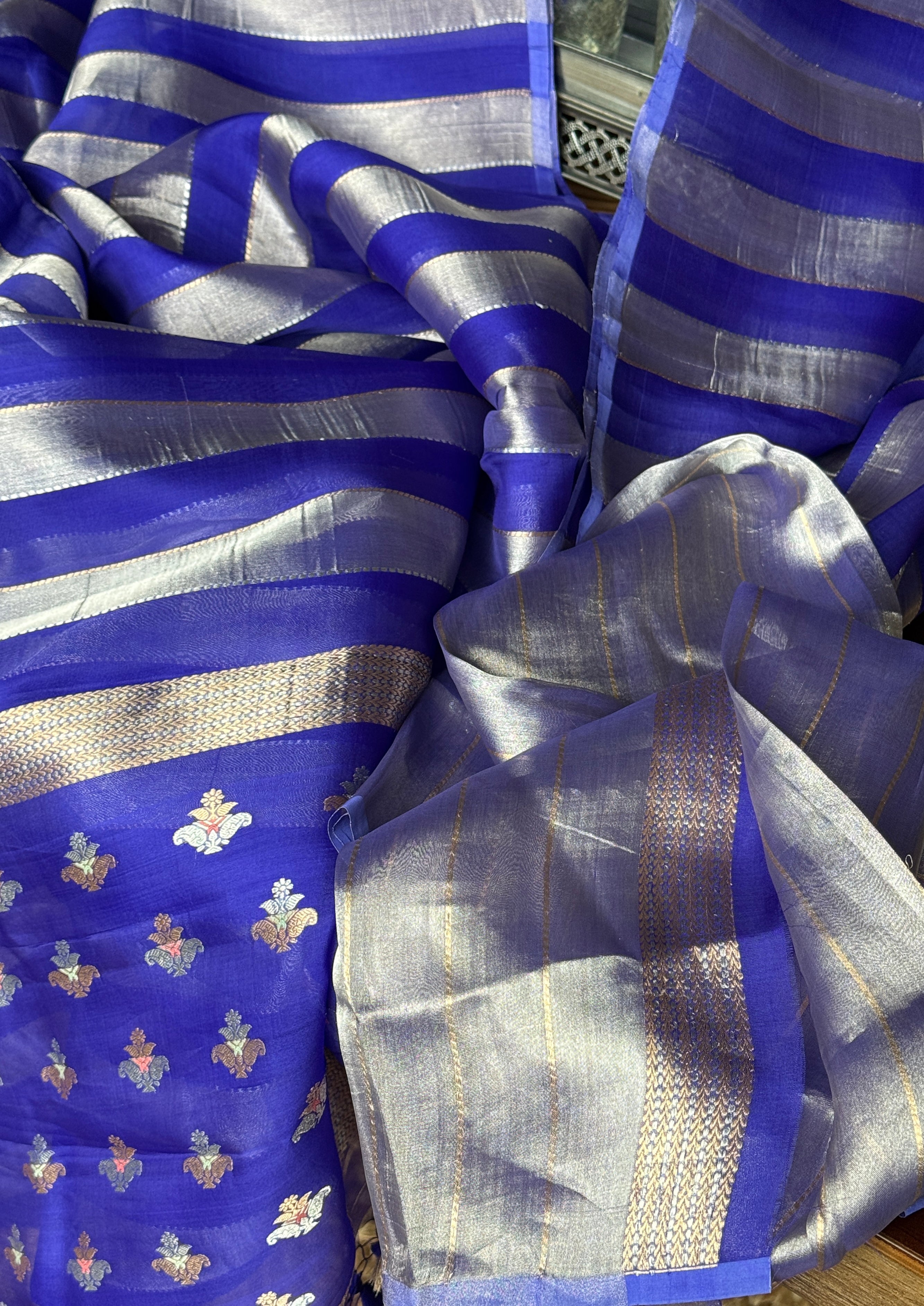 Kora Silk Banarasi - Purple Blue Striped