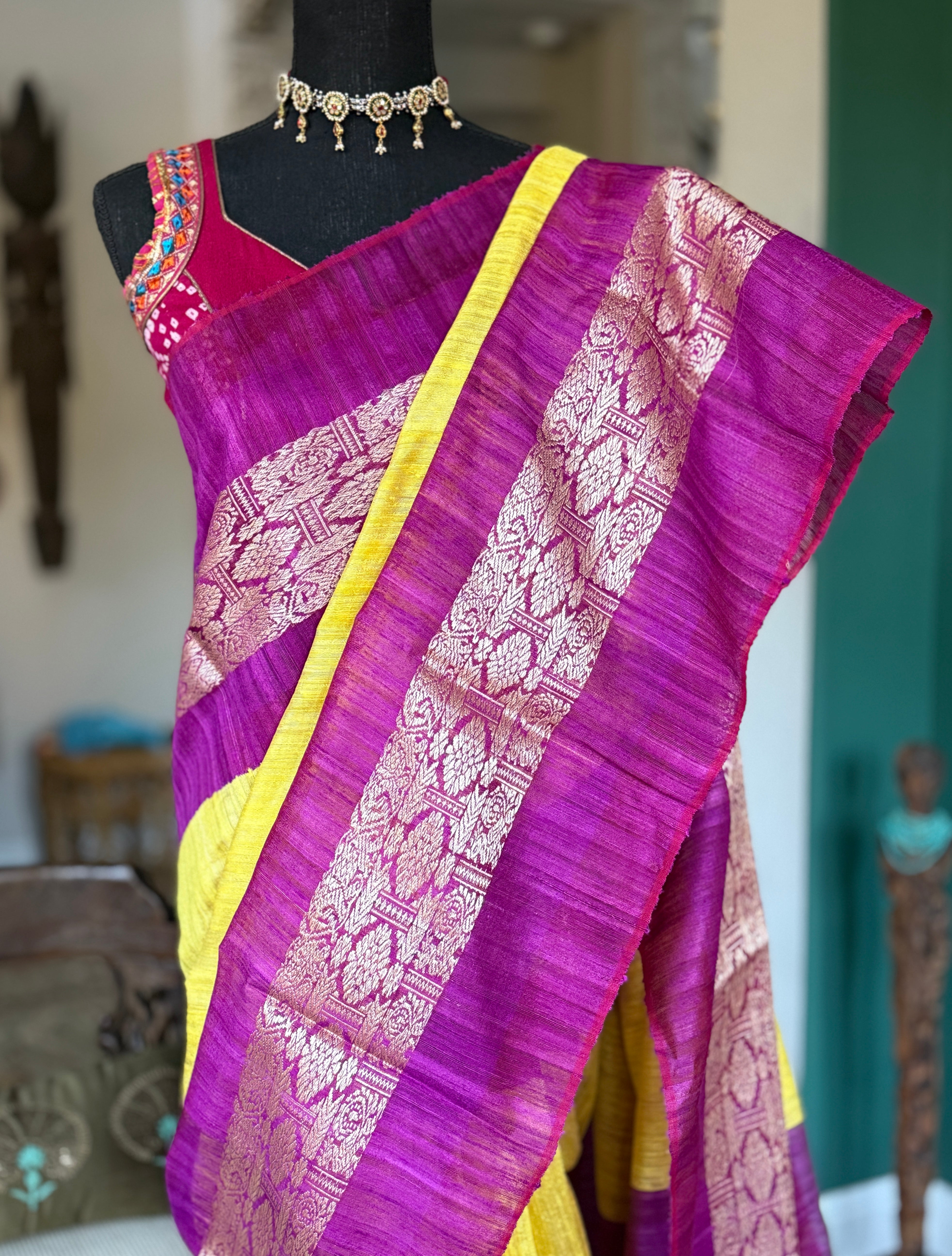 Pure Matka Silk Jamdaani - Yellow Purple Woven
