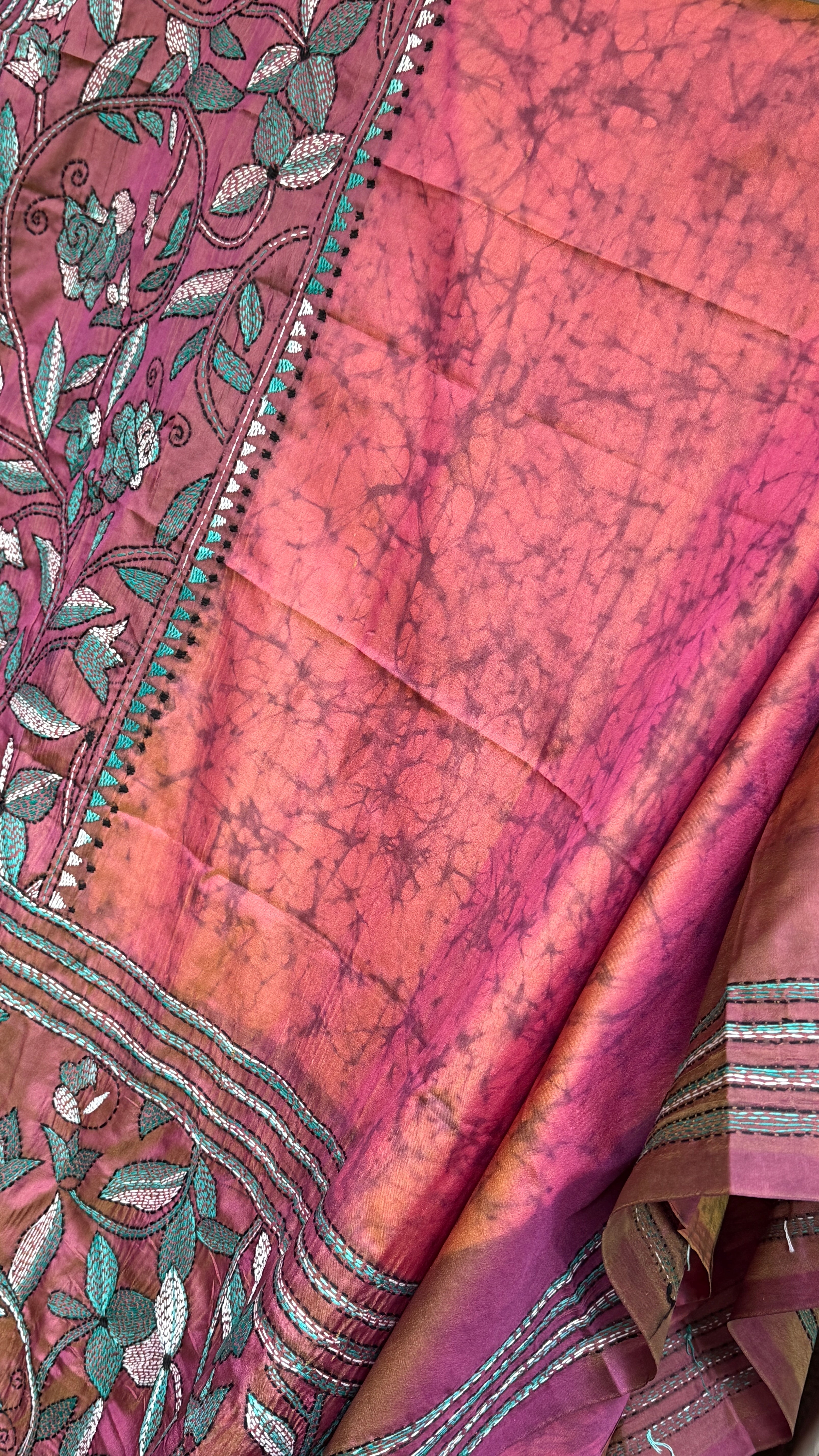 Bangalore Batik Kantha Silk -  Orange Pink Dual Tone
