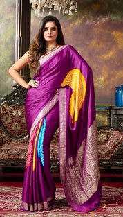 Pure Silk Mashru Bandhej Banarasi- Purple Multi color