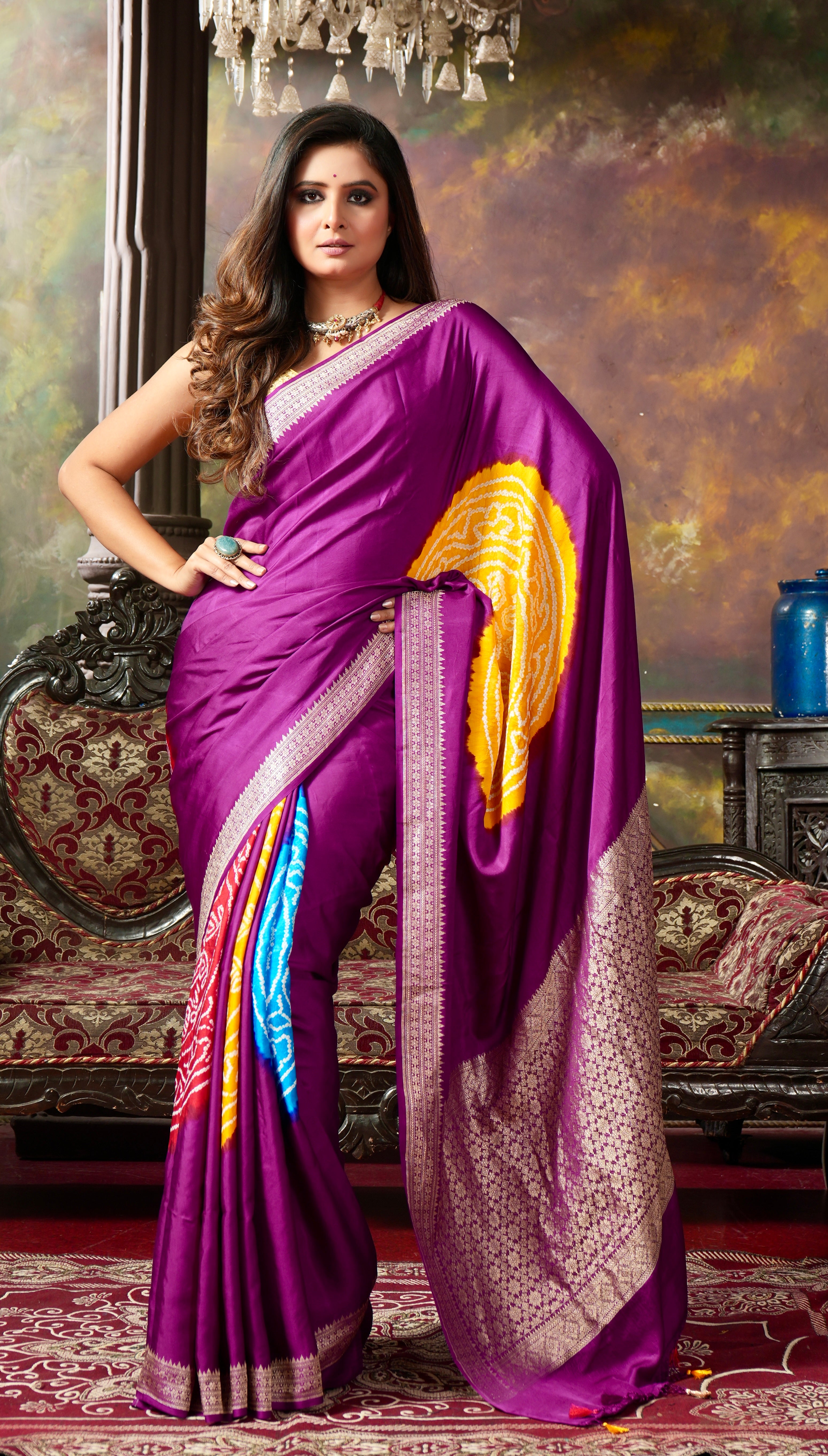 Pure Silk Mashru Bandhej Banarasi- Purple Multi color