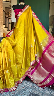 Pure Silk Mashru Banarasi- Yellow Magenta Pink Red