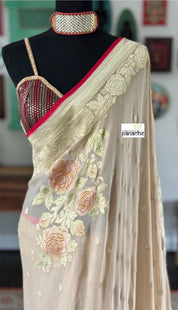 Khaddi Georgette Banarasi - Tan Beige Red