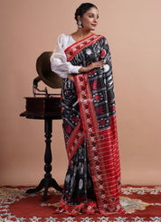 Designer Pure Silk Double Ikat - Black Red Zardori