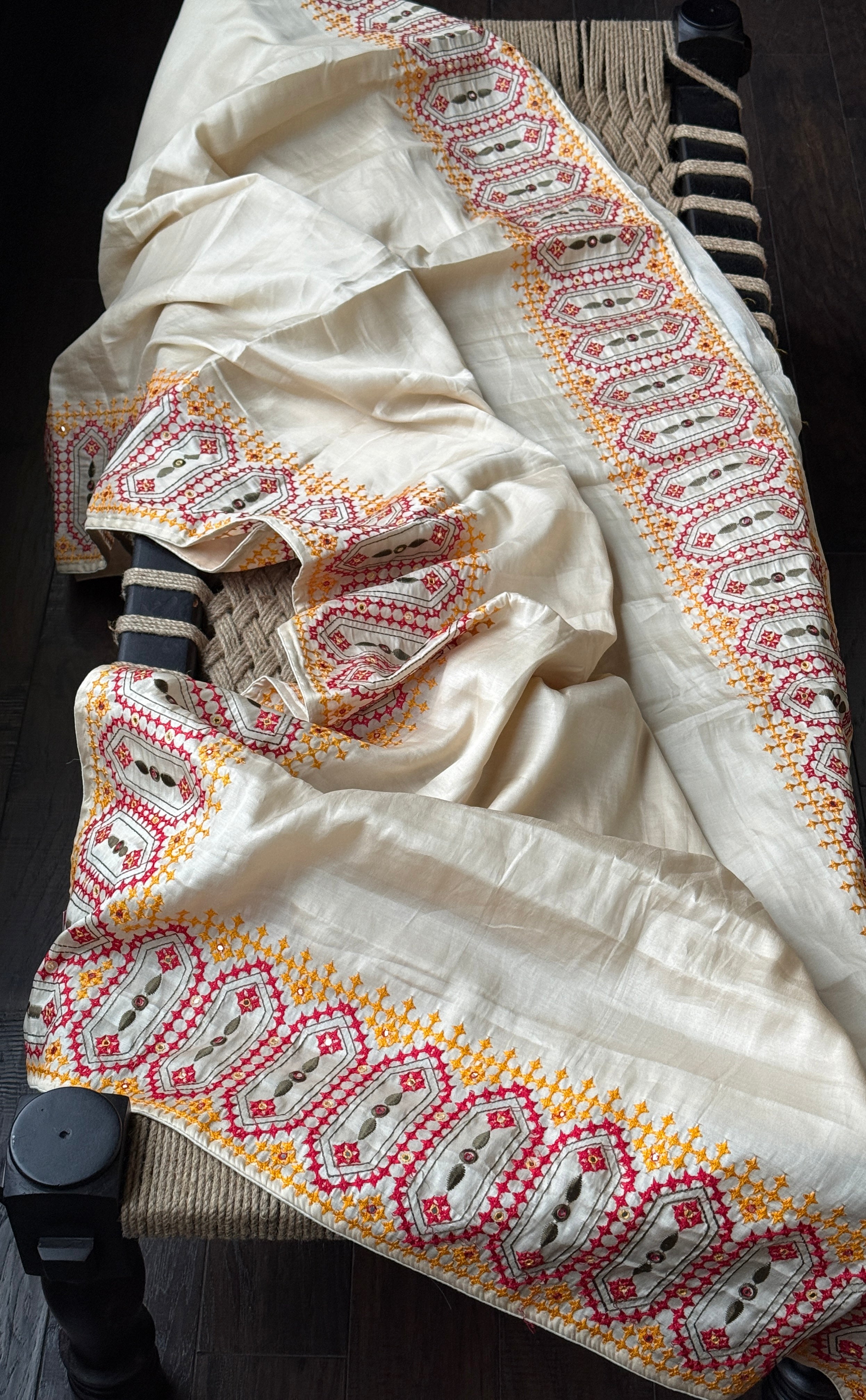 Soft Silk Kathiyawadi Embroidered - Beige