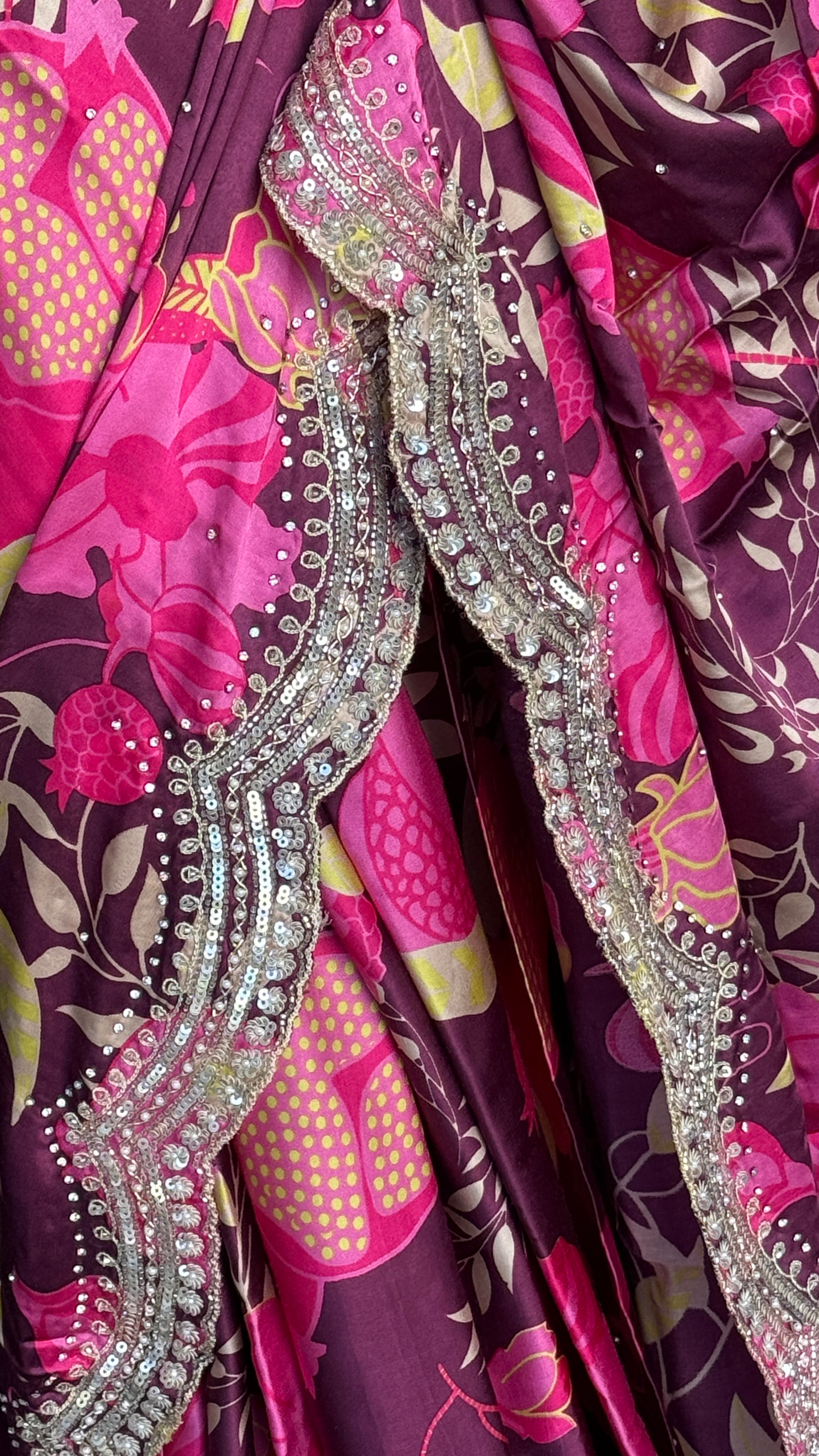 Designer Crepe Satin - Wine Maroon Multi Color