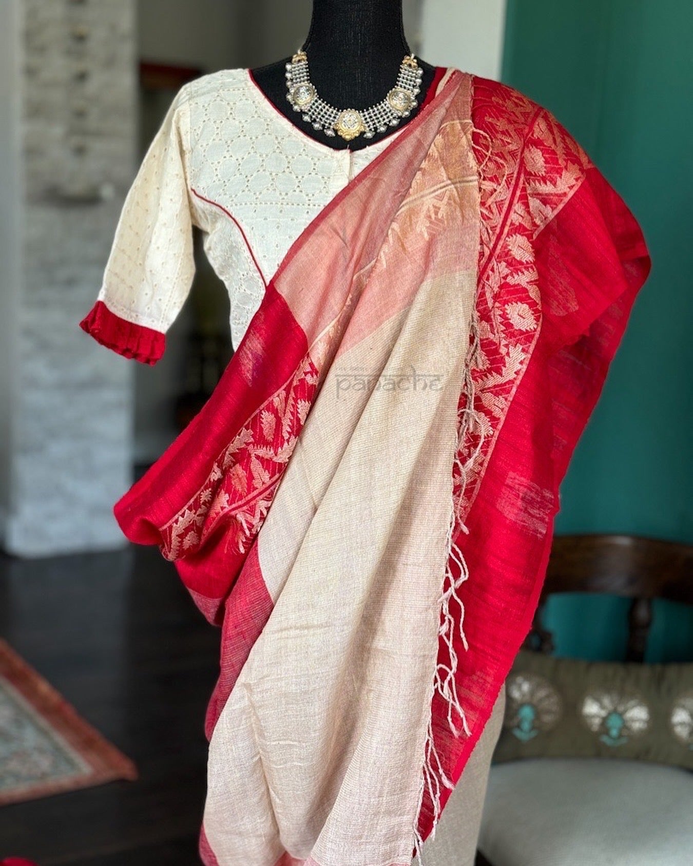 Pure Matka Silk Jamdaani - Tan Beige Red Woven