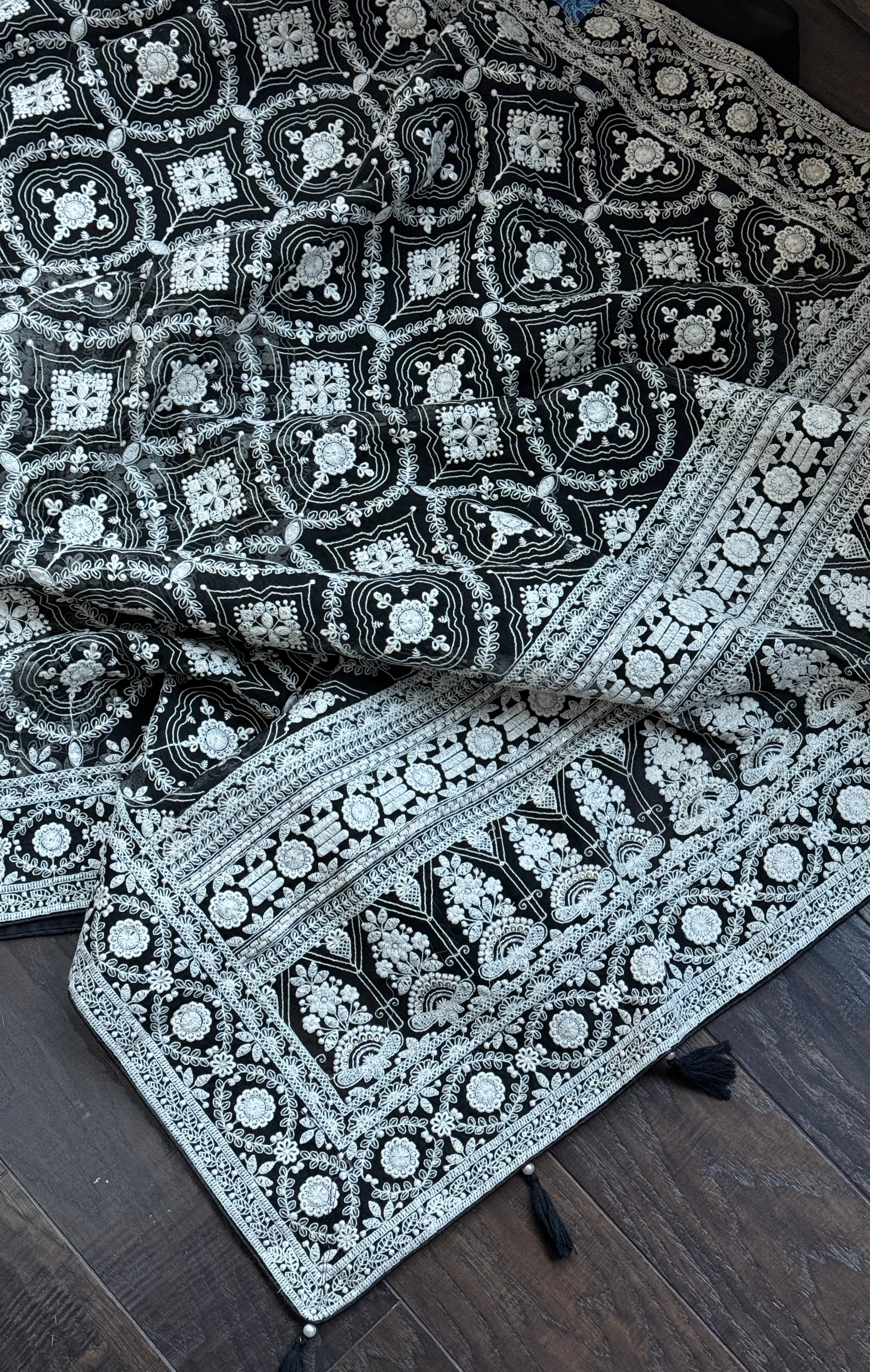 Designer Organza - Black Chikankari