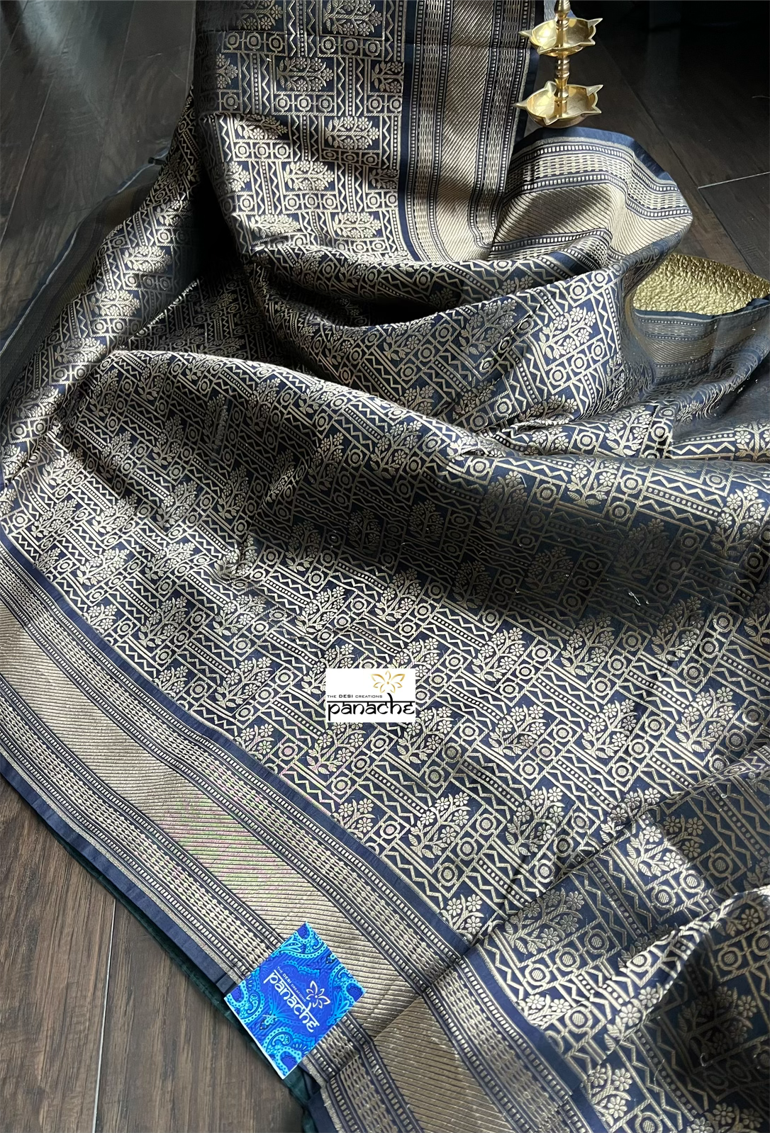 Pure Silk Katan Brocade Banarasi- Black Blue Golden Zari