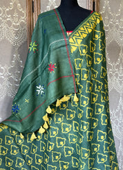 Pure Tussar Silk - Bottle Green Yellow Printed Lambani