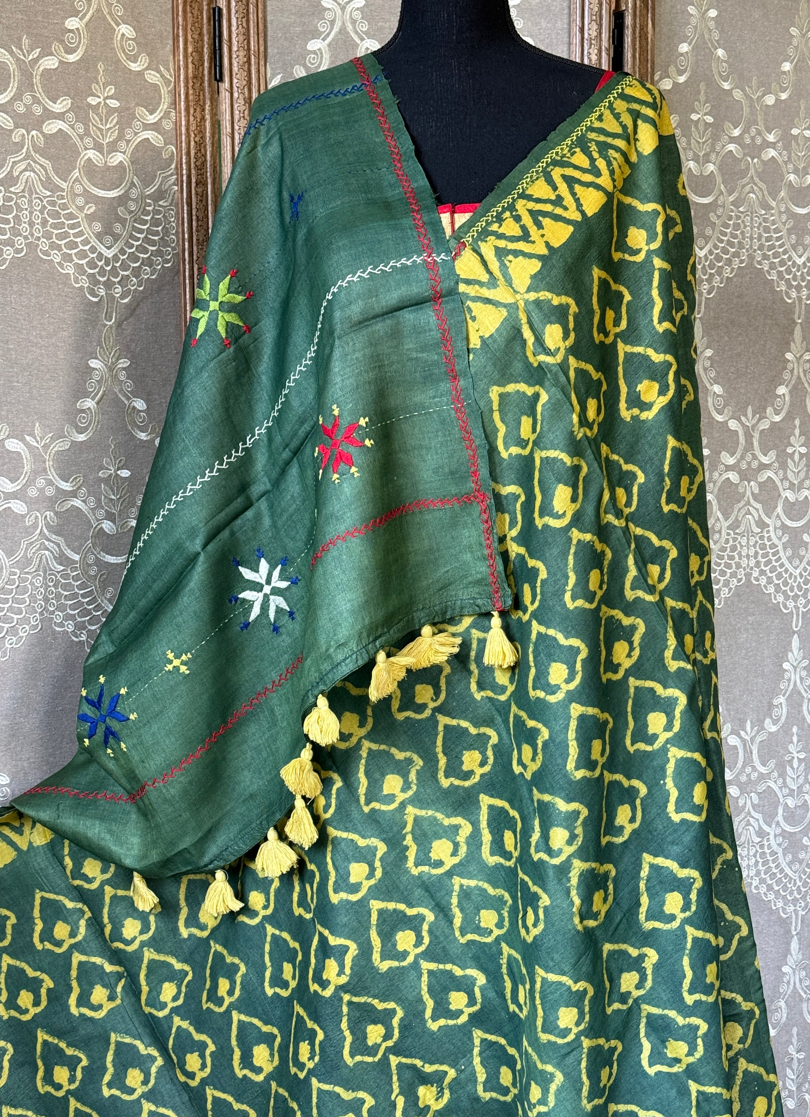 Pure Tussar Silk - Bottle Green Yellow Printed Lambani