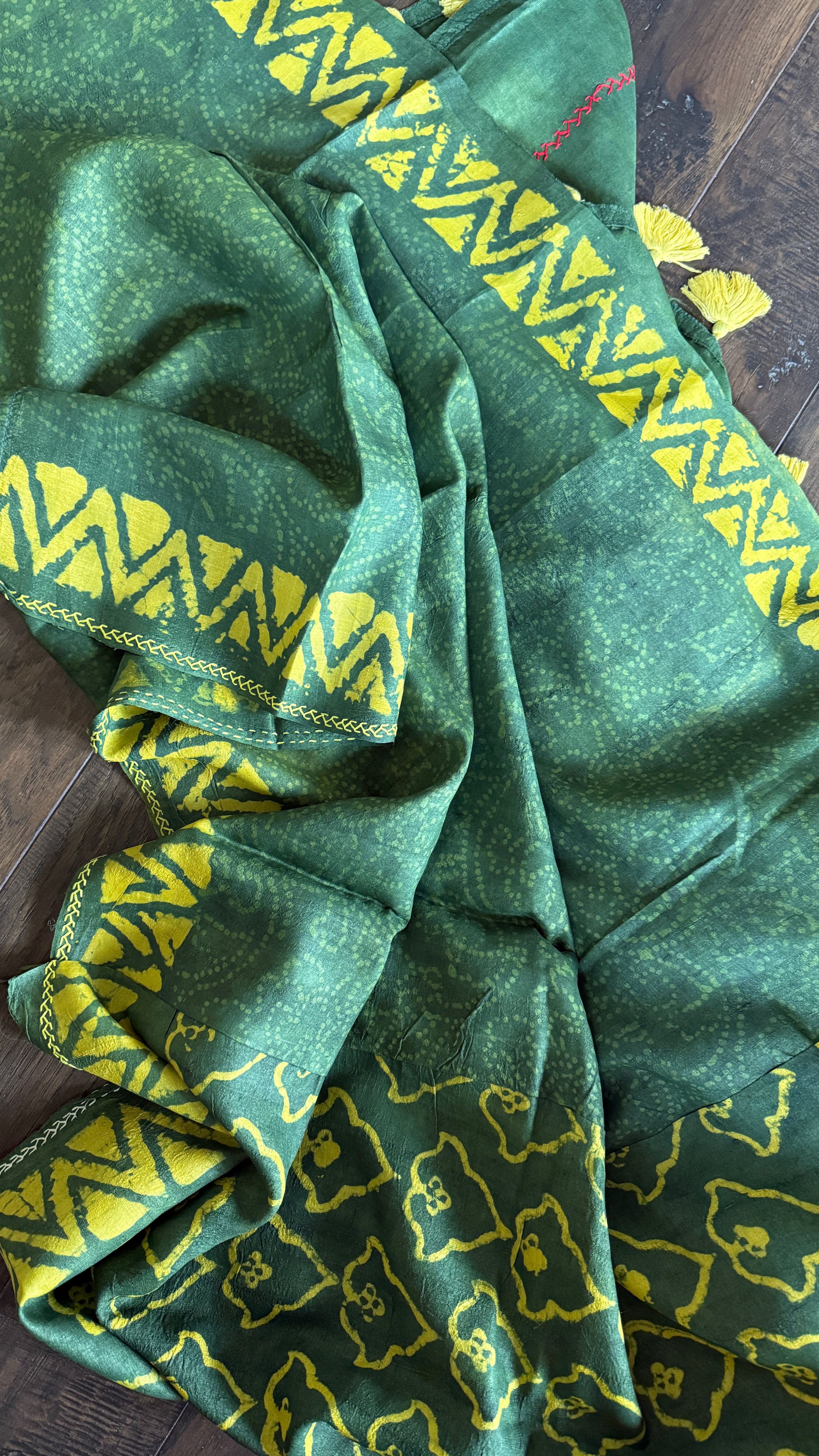 Pure Tussar Silk - Bottle Green Yellow Printed Lambani
