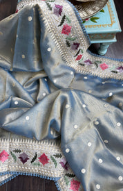 Designer Tissue Silk Paithani - Mettalic Grey Blue Embroidered