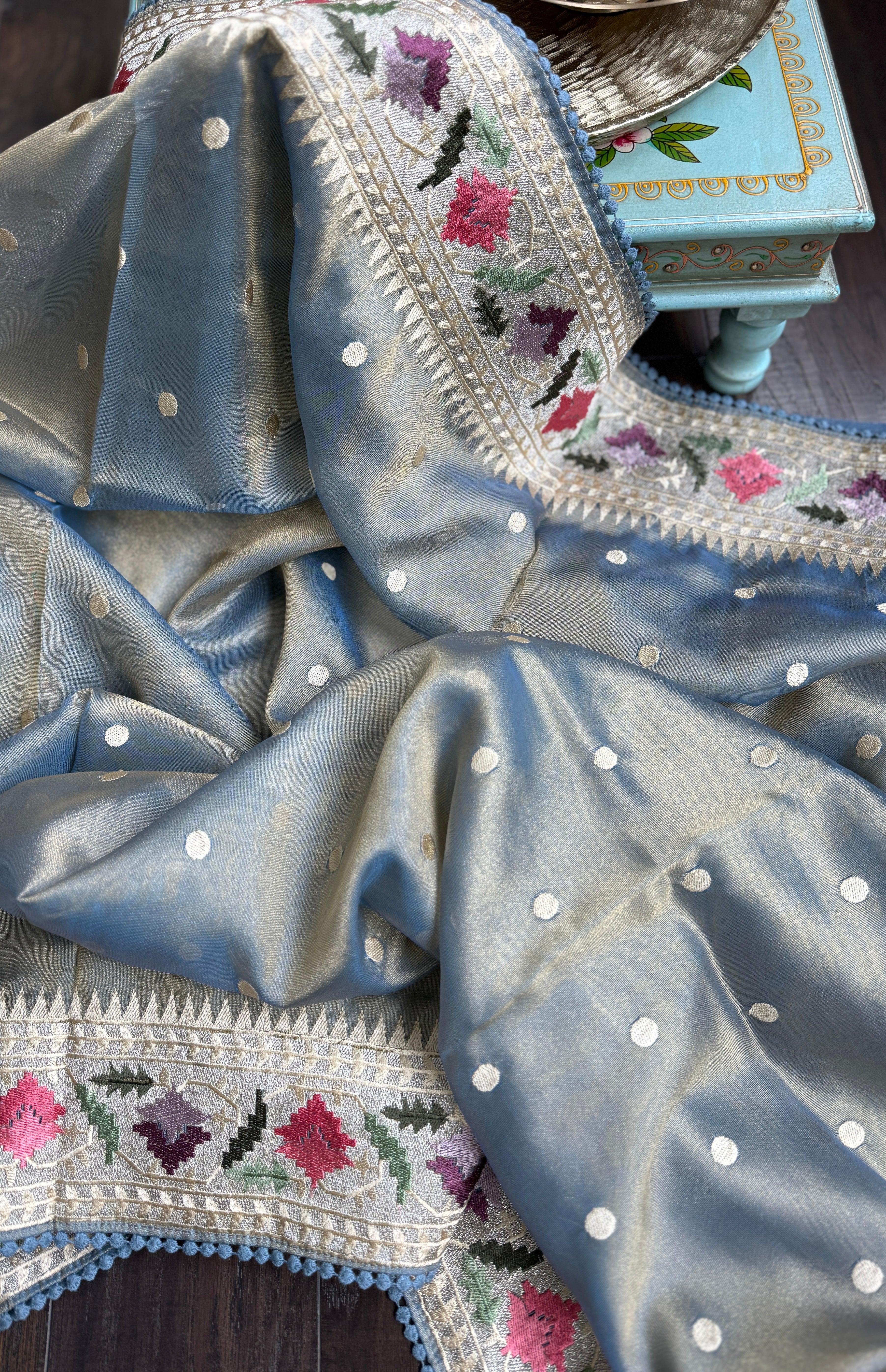 Designer Tissue Silk Paithani - Mettalic Grey Blue Embroidered