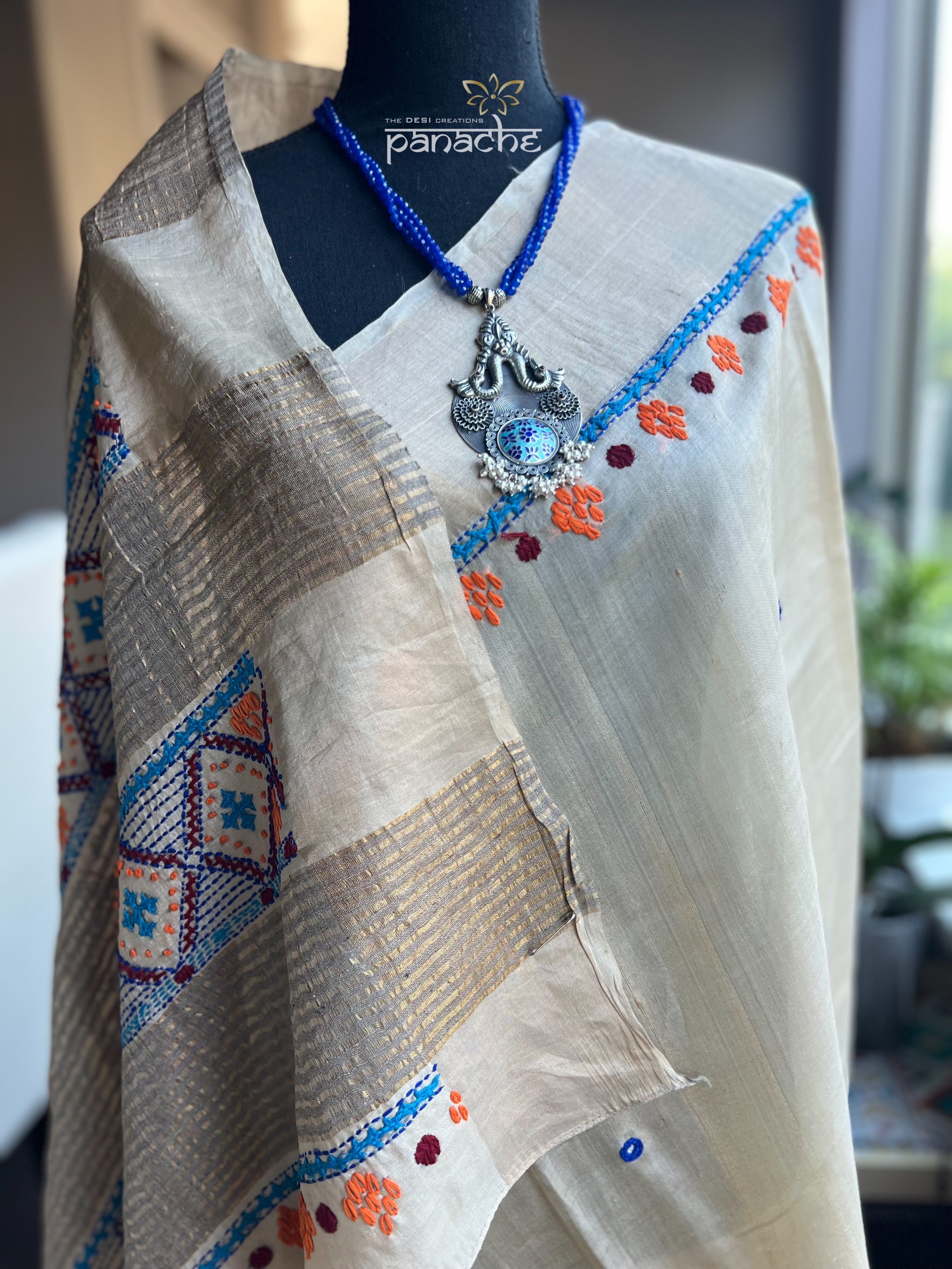 Pure Tussar Silk Lambani - Cream Hand Embroidered