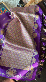 Pure Katan Silk Banarasi - Purple Hand Brush painted