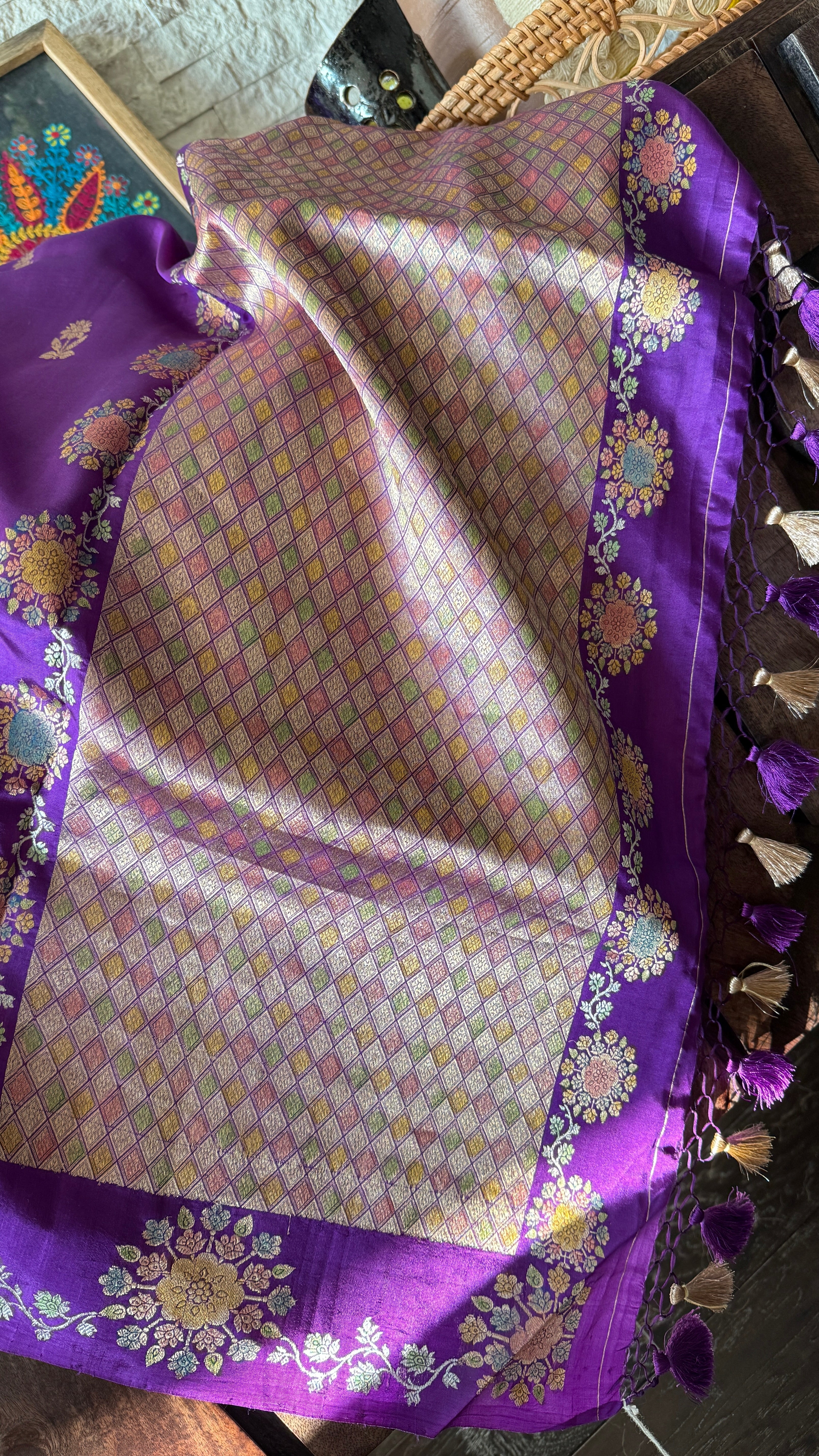Pure Katan Silk Banarasi - Purple Hand Brush painted