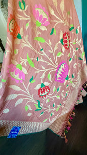 Khaddi Tussar Banarasi -  Gajri Pink Green Paithani