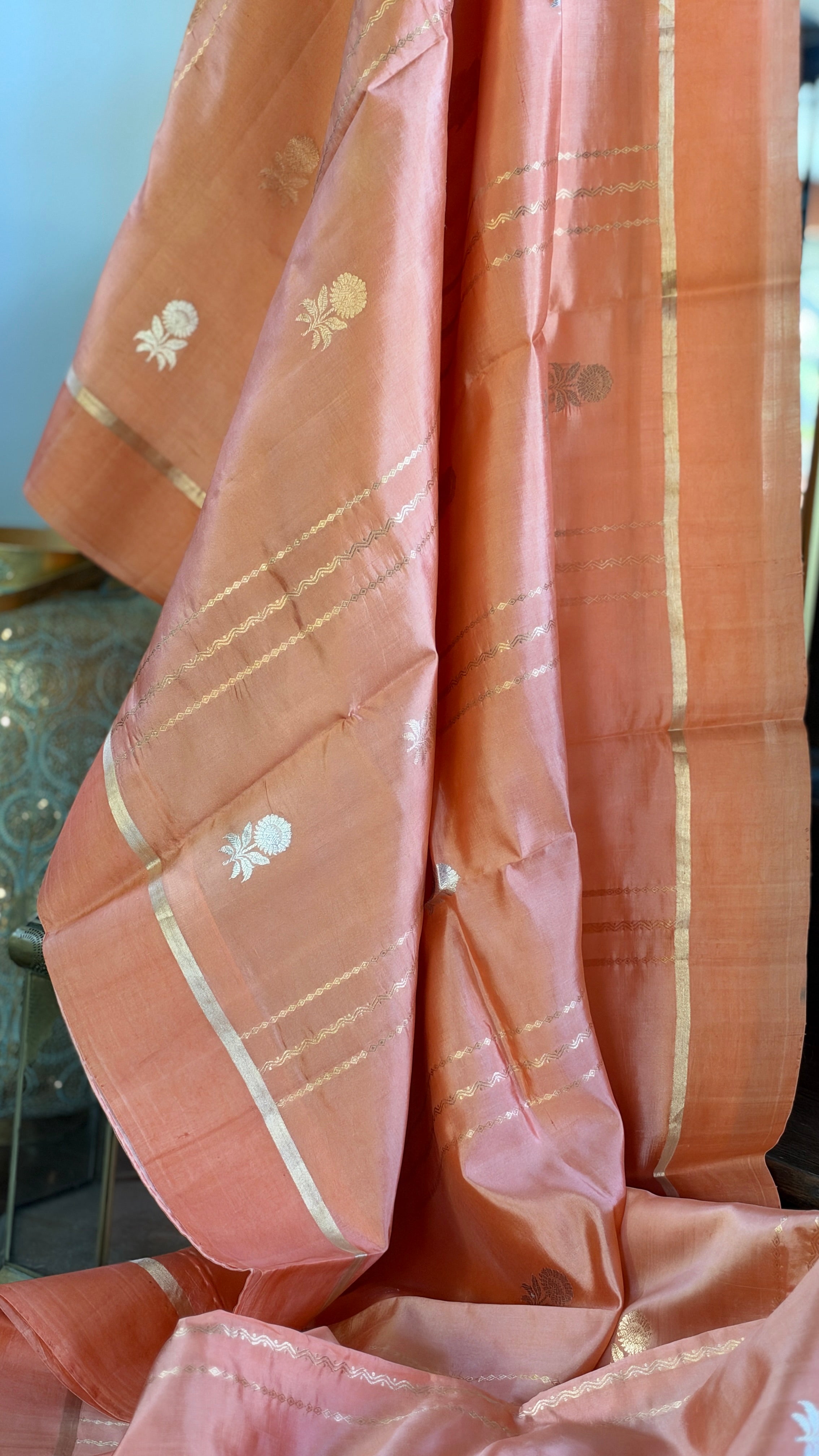 Pure Silk Banarasi Khadhua - Peach Golden Zari
