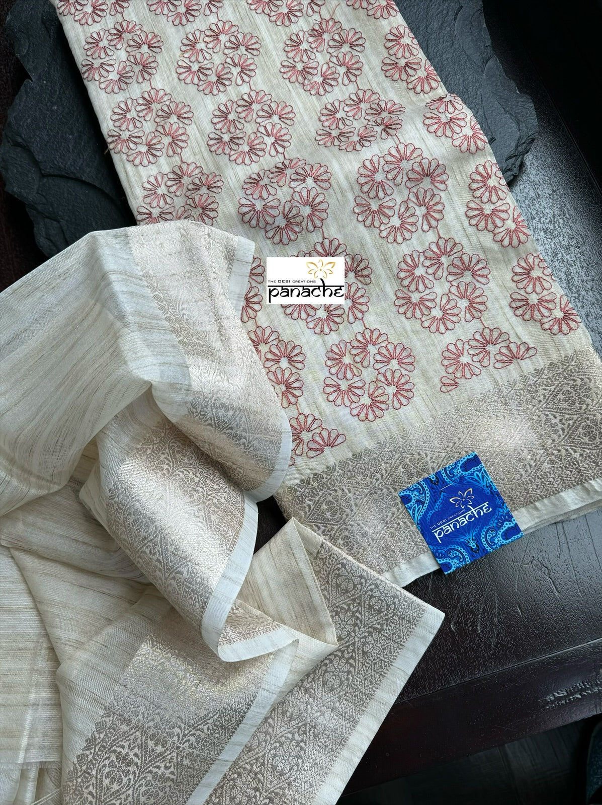 Cotton Silk Banaras Chanderi - Beige Maroon Embroidered