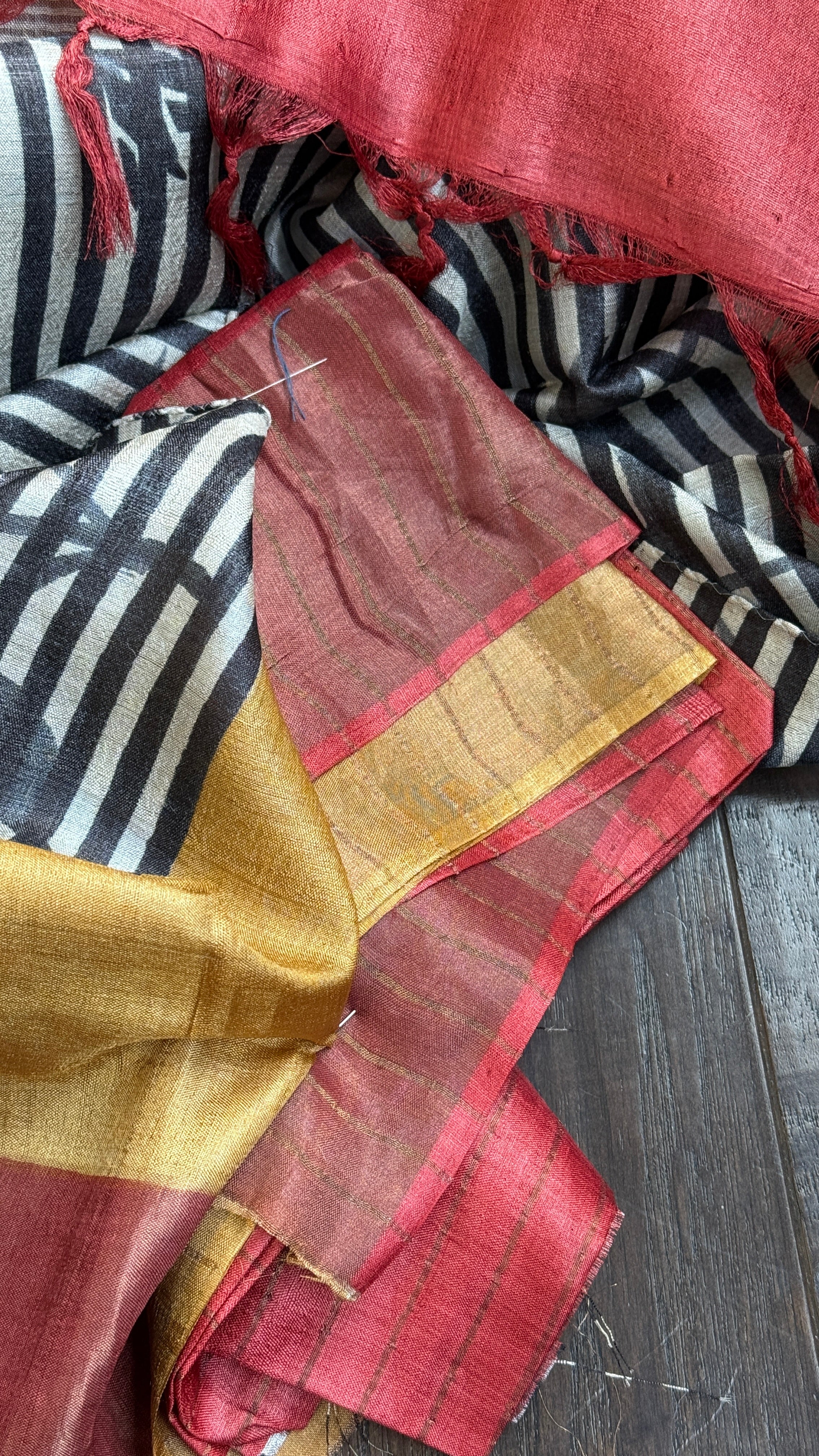 Pure Tussar Silk - Black Red Yellow