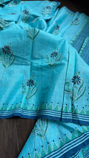 Tussar Cotton Silk Kantha Stitch -  Firozi