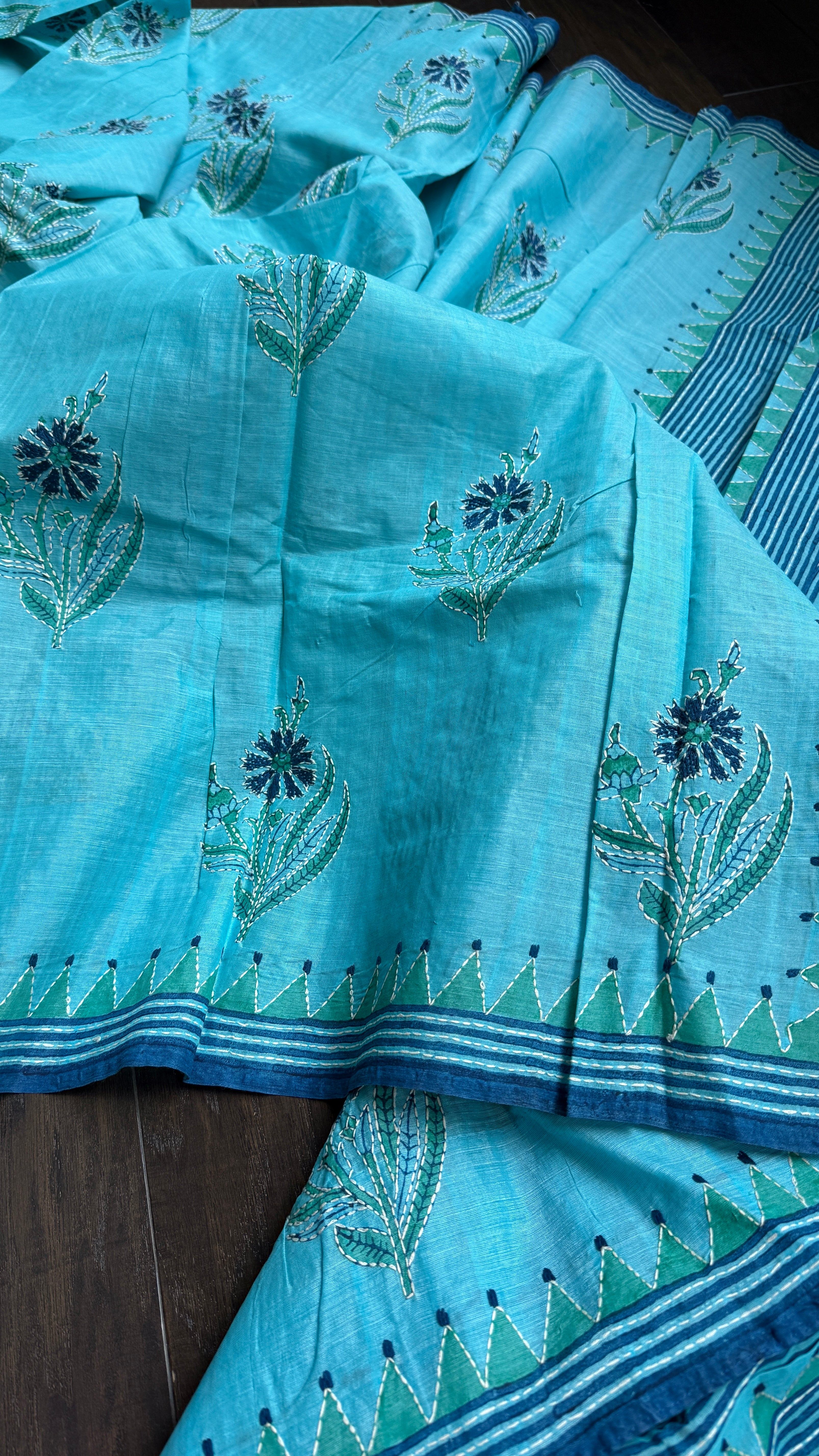 Tussar Cotton Silk Kantha Stitch -  Firozi