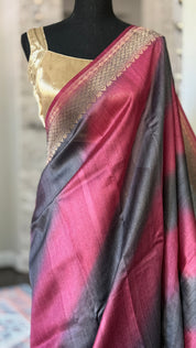 Tussar Silk Banarasi Shaded - Grey Raspberry Pink Antique Golden Zari